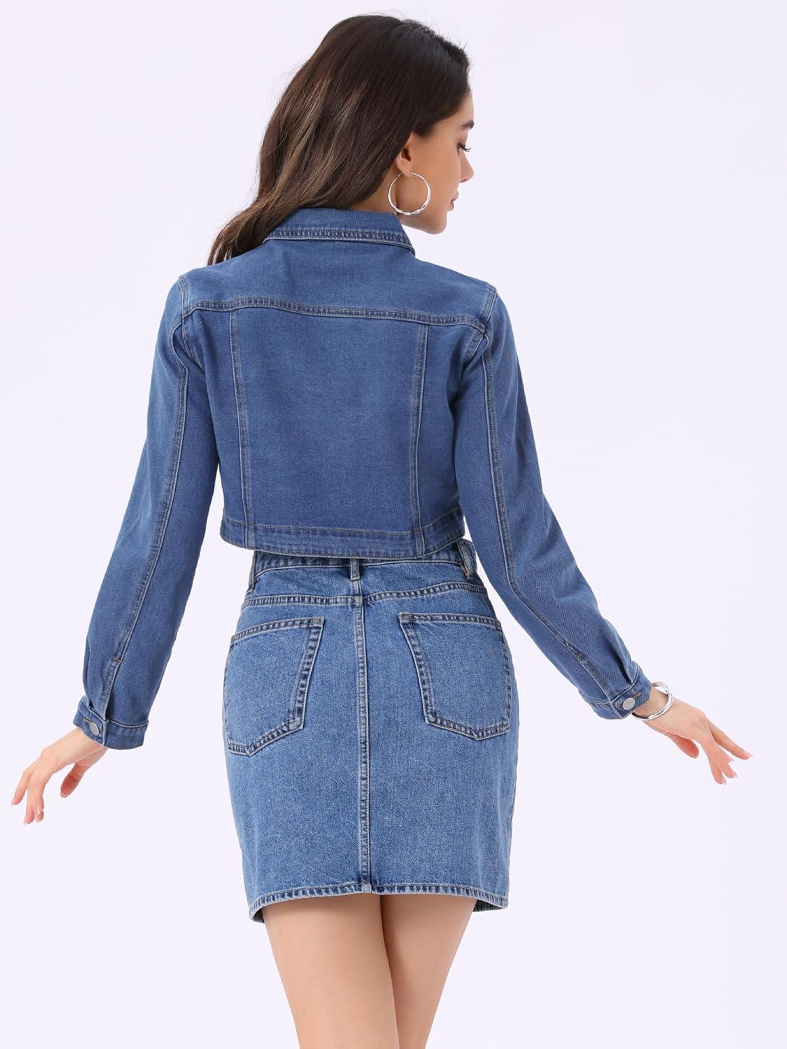 imageAllegra K Denim Jacket for Womens 2025 Casual Collared Long Sleeve Crop Jean JacketsBlue