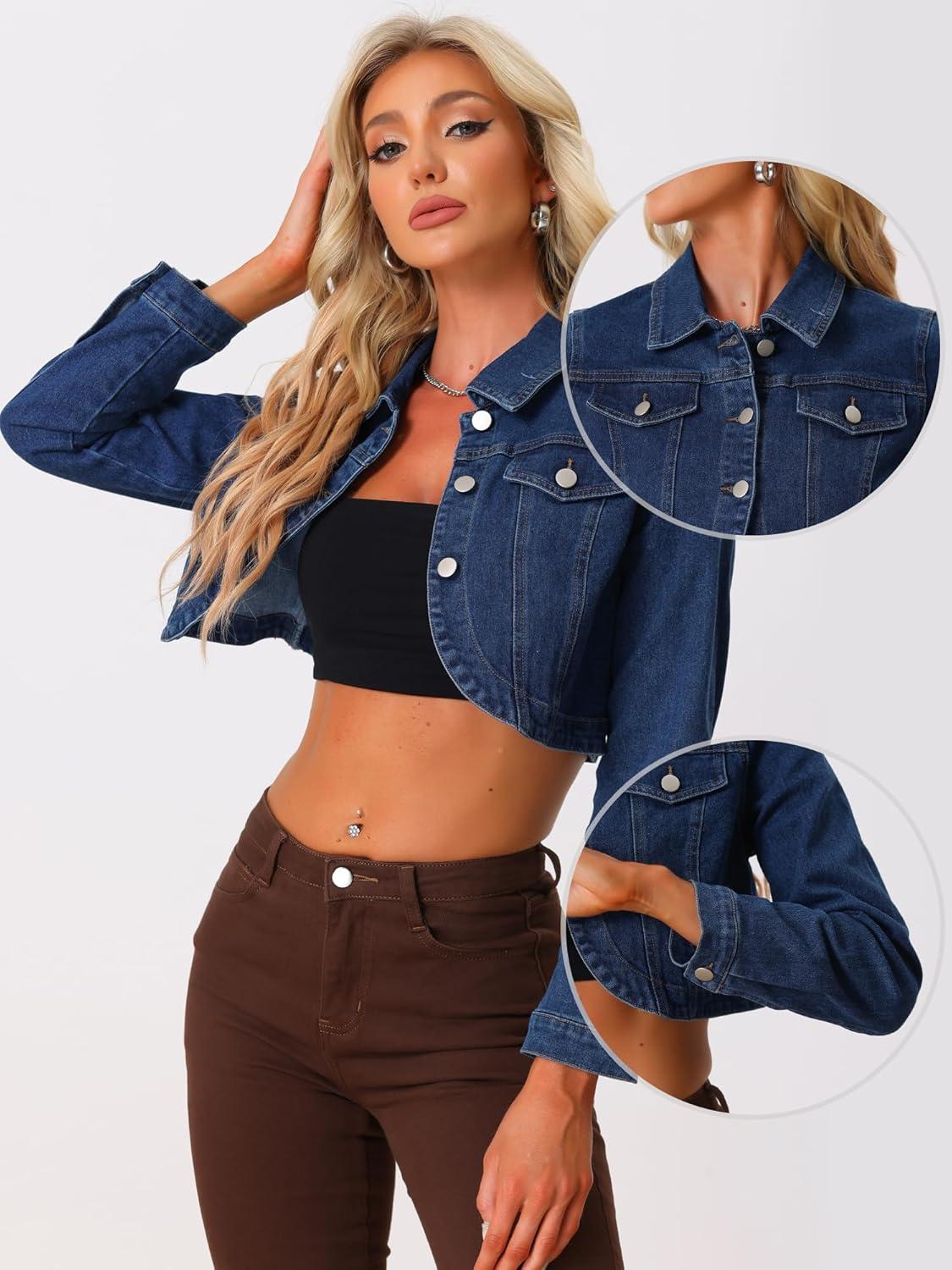 imageAllegra K Denim Jacket for Womens 2025 Casual Collared Long Sleeve Crop Jean JacketsDark Blue