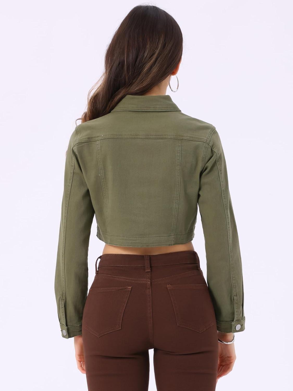 imageAllegra K Denim Jacket for Womens 2025 Casual Collared Long Sleeve Crop Jean JacketsDark Green