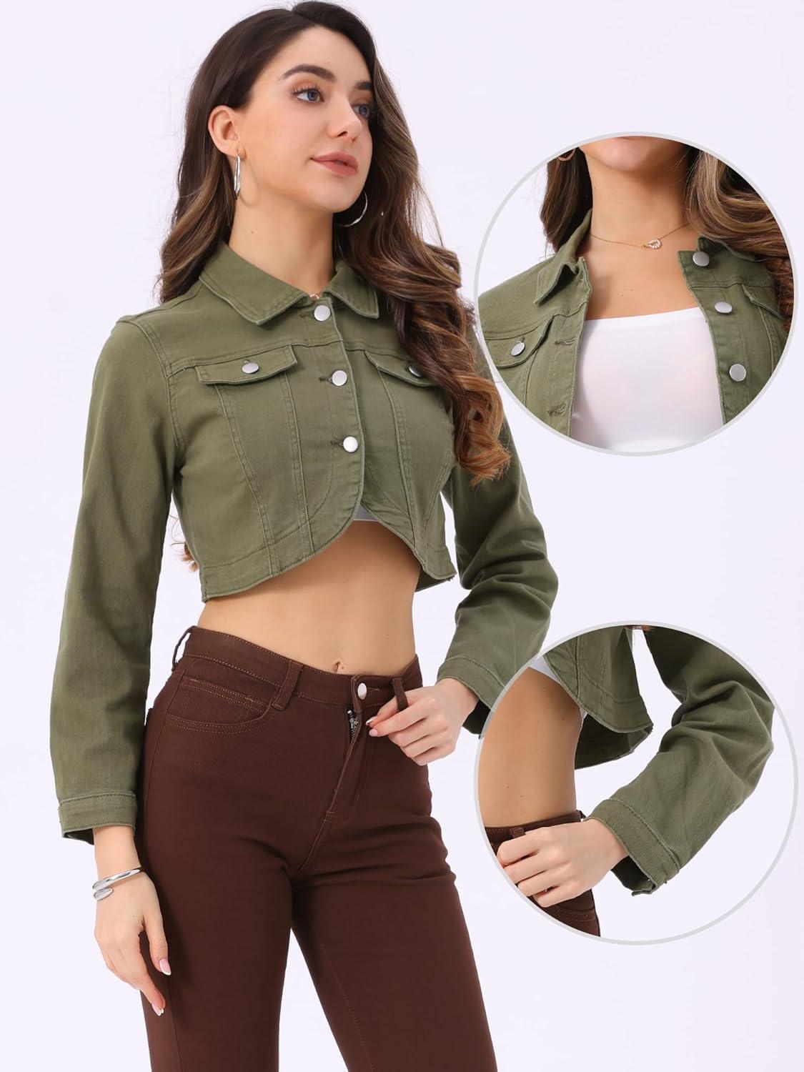 imageAllegra K Denim Jacket for Womens 2025 Casual Collared Long Sleeve Crop Jean JacketsDark Green