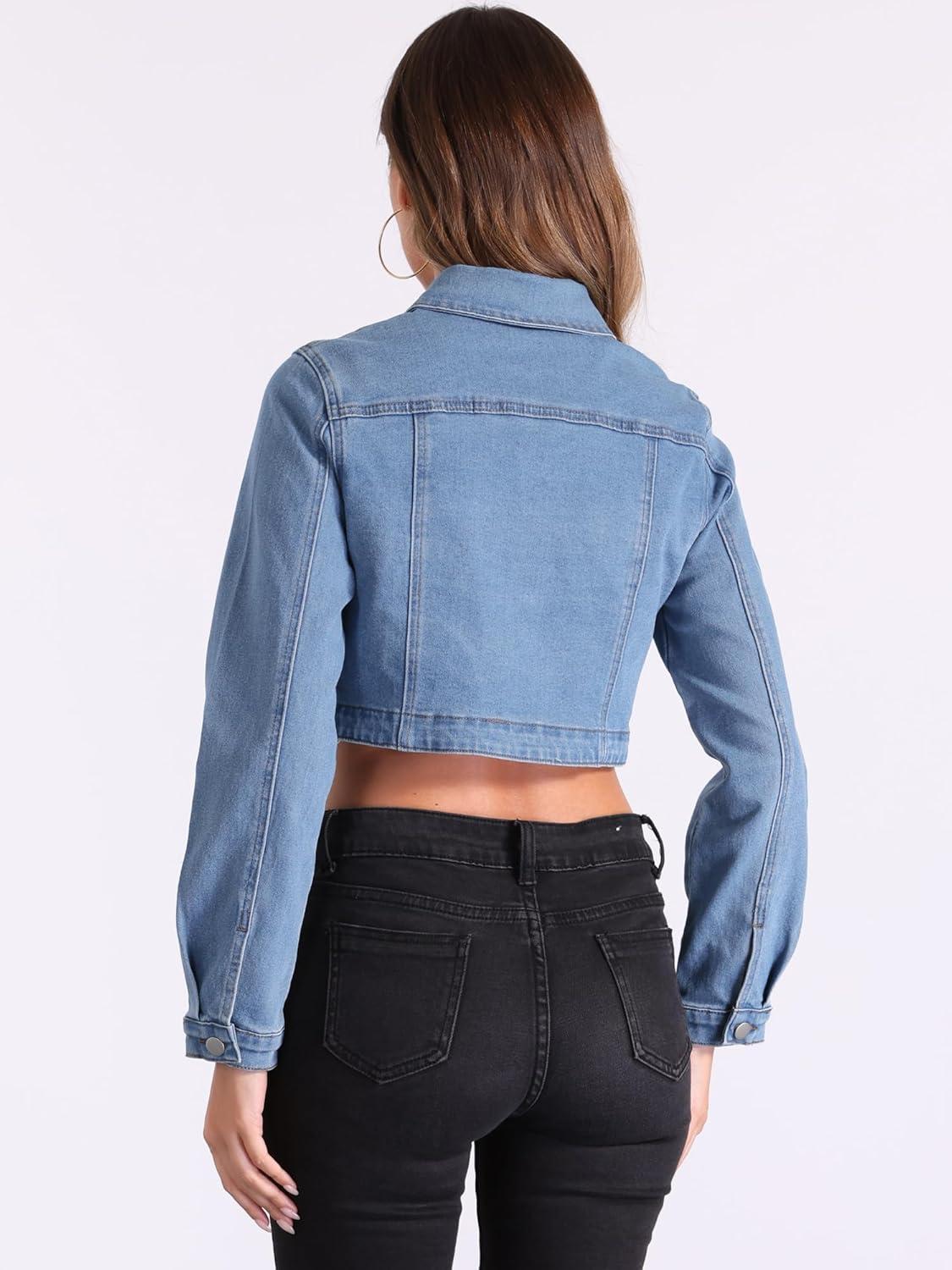 imageAllegra K Denim Jacket for Womens 2025 Casual Collared Long Sleeve Crop Jean JacketsLight Blue