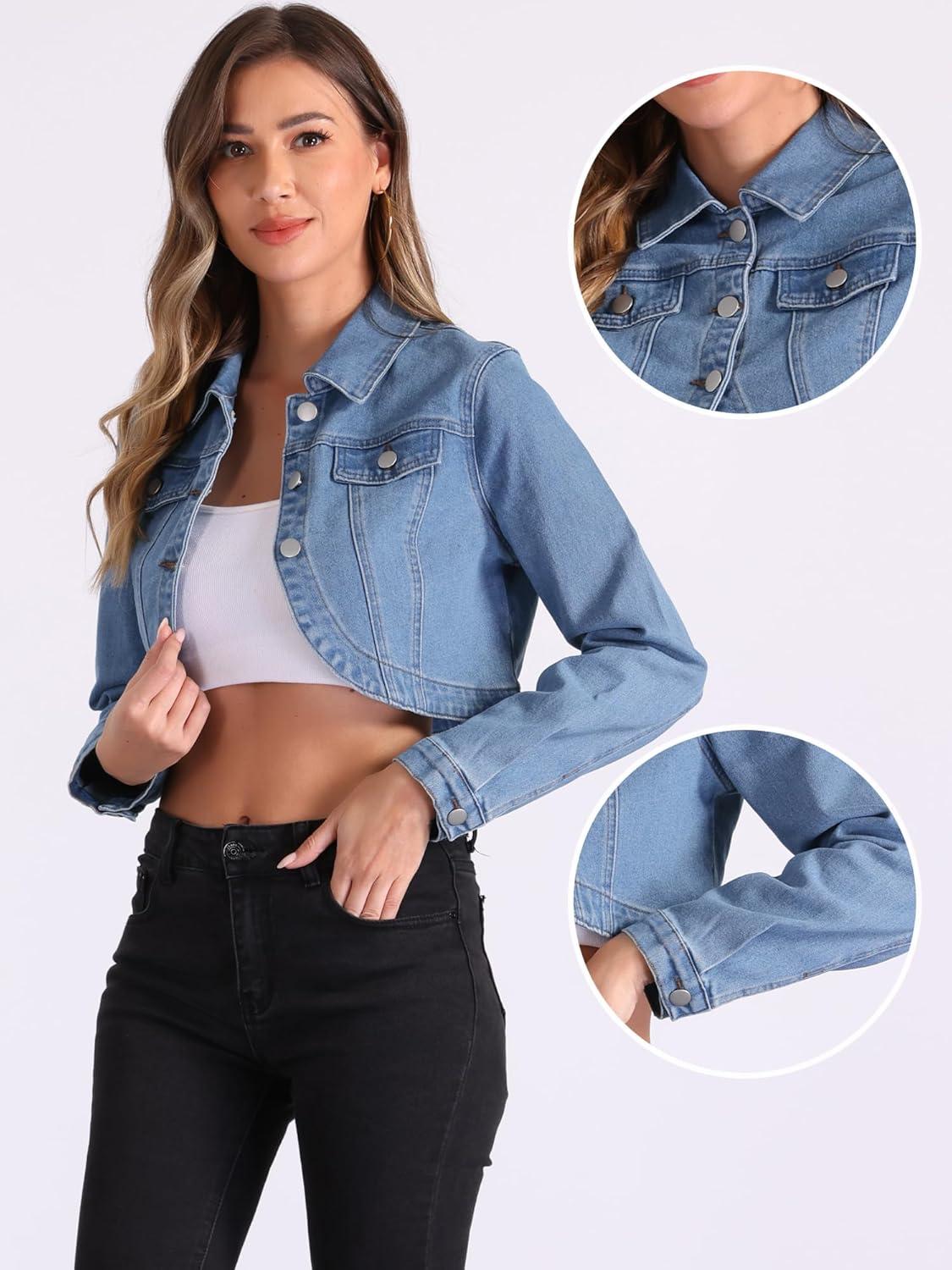 imageAllegra K Denim Jacket for Womens 2025 Casual Collared Long Sleeve Crop Jean JacketsLight Blue