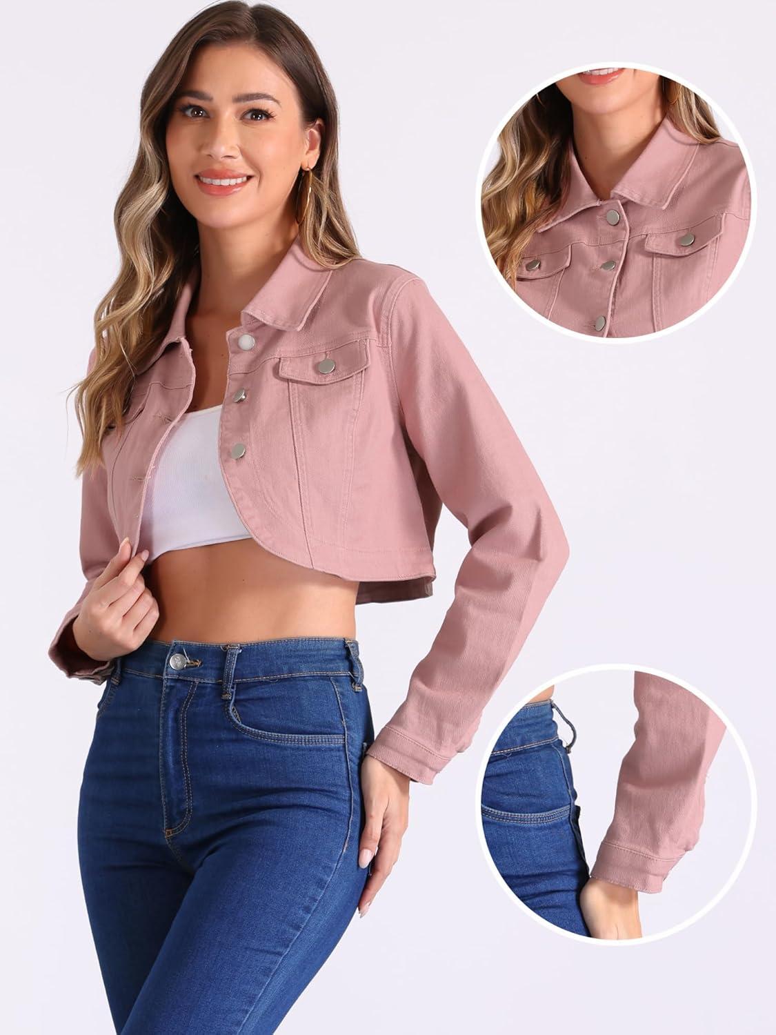 imageAllegra K Denim Jacket for Womens 2025 Casual Collared Long Sleeve Crop Jean JacketsPink