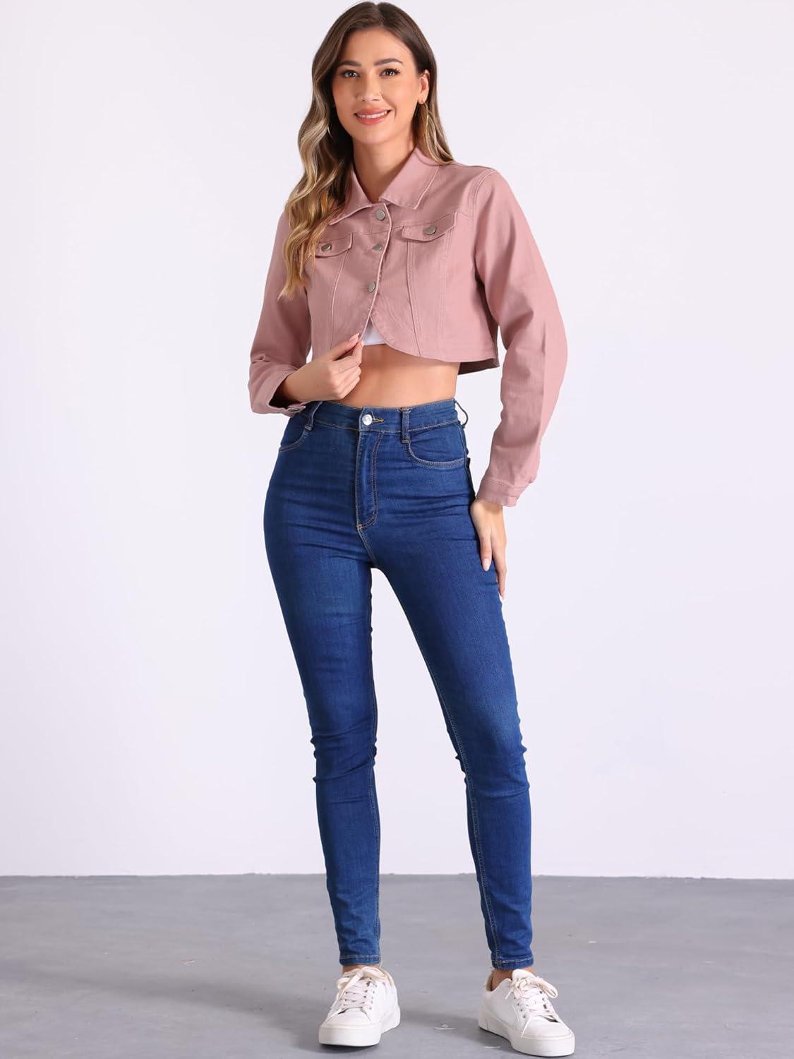 imageAllegra K Denim Jacket for Womens 2025 Casual Collared Long Sleeve Crop Jean JacketsPink