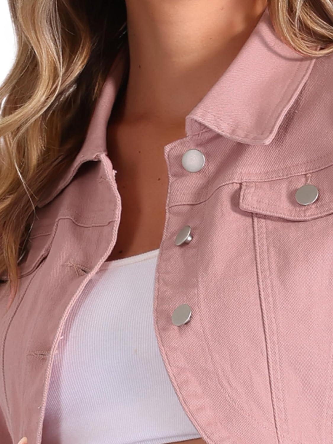 imageAllegra K Denim Jacket for Womens 2025 Casual Collared Long Sleeve Crop Jean JacketsPink