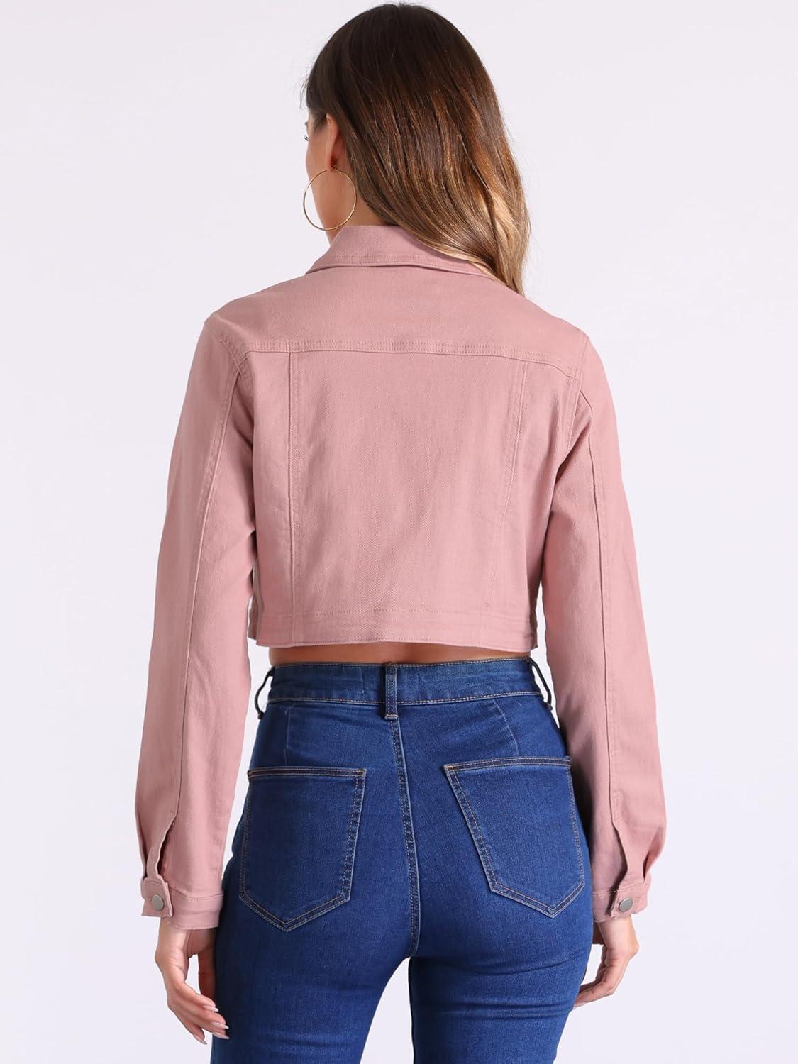 imageAllegra K Denim Jacket for Womens 2025 Casual Collared Long Sleeve Crop Jean JacketsPink