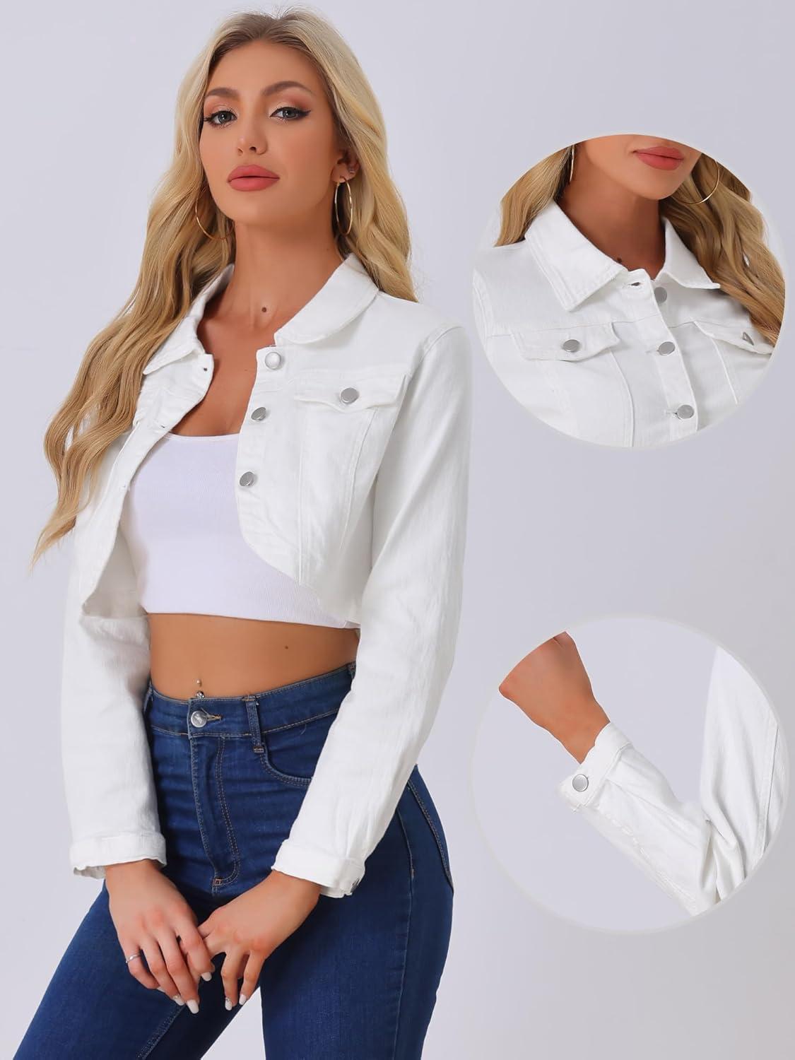 imageAllegra K Denim Jacket for Womens 2025 Casual Collared Long Sleeve Crop Jean JacketsWhite