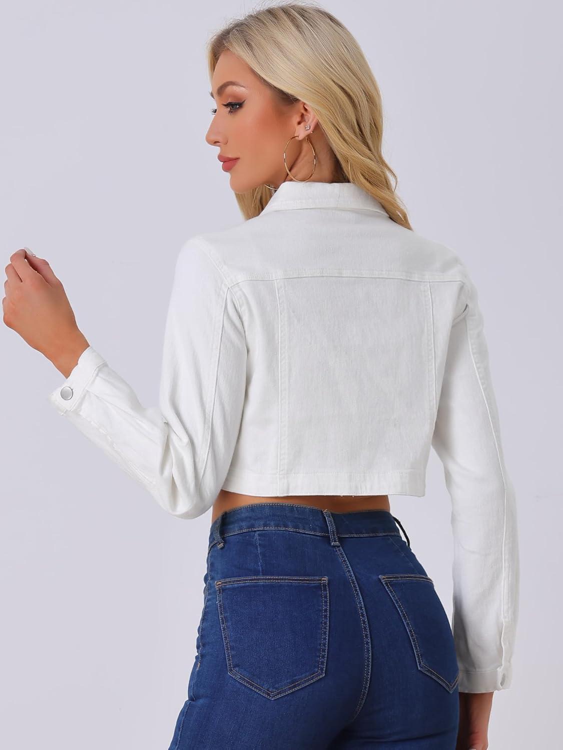 imageAllegra K Denim Jacket for Womens 2025 Casual Collared Long Sleeve Crop Jean JacketsWhite