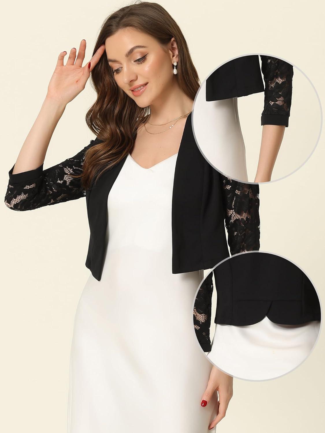 imageAllegra K Lace Shrug for Women 34 Sleeve Open Front Work Office Cropped Sheer Cardigan Formal Bolero JacketsBlack