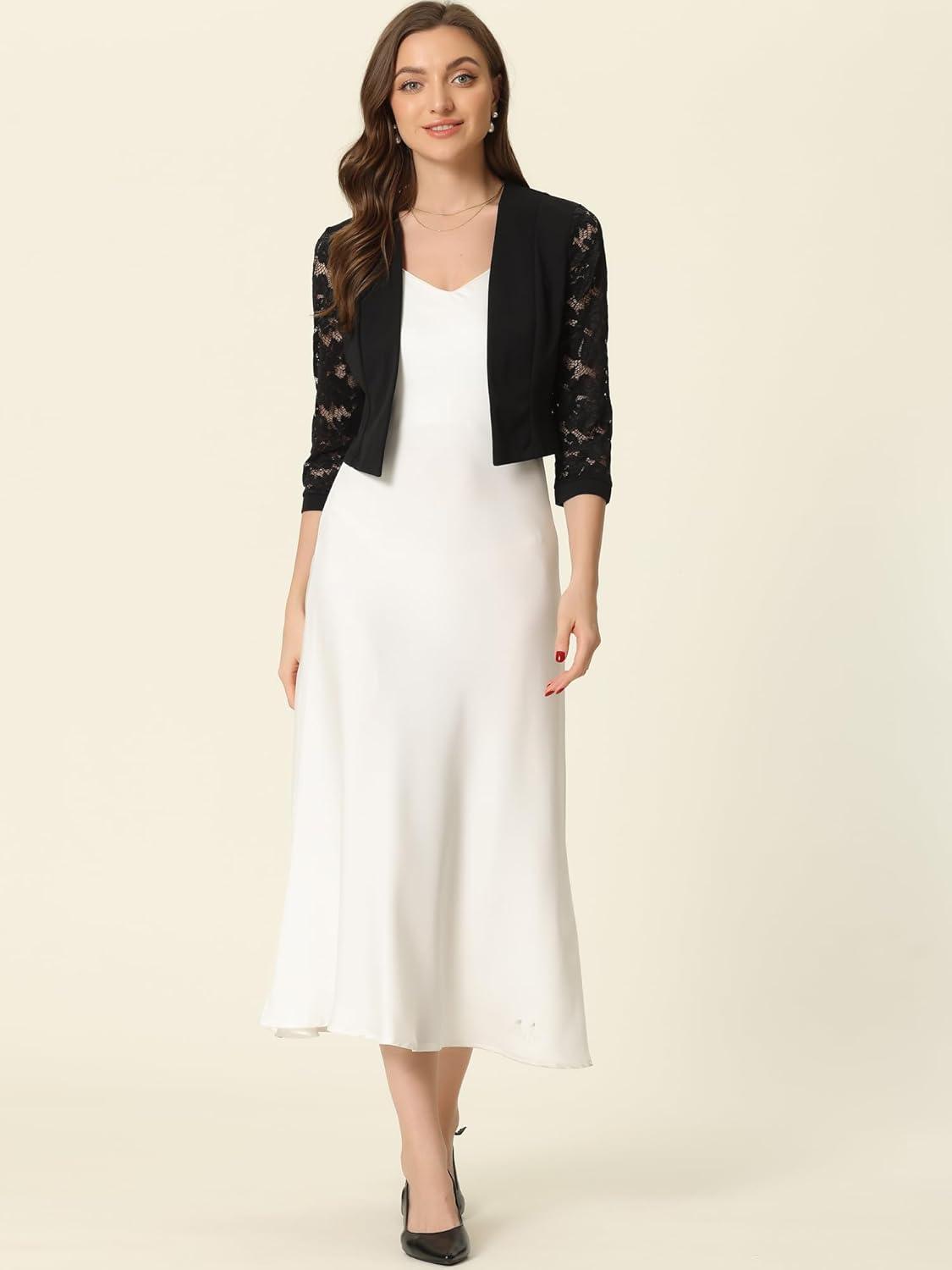 imageAllegra K Lace Shrug for Women 34 Sleeve Open Front Work Office Cropped Sheer Cardigan Formal Bolero JacketsBlack