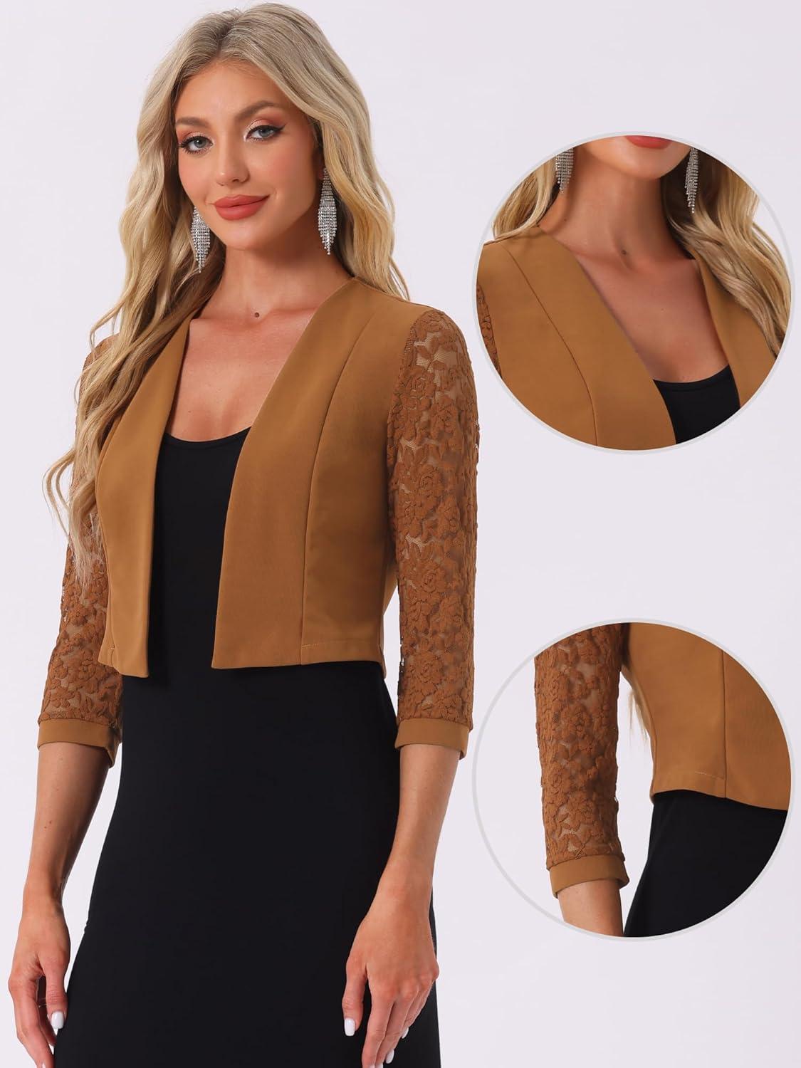 imageAllegra K Lace Shrug for Women 34 Sleeve Open Front Work Office Cropped Sheer Cardigan Formal Bolero JacketsBrown