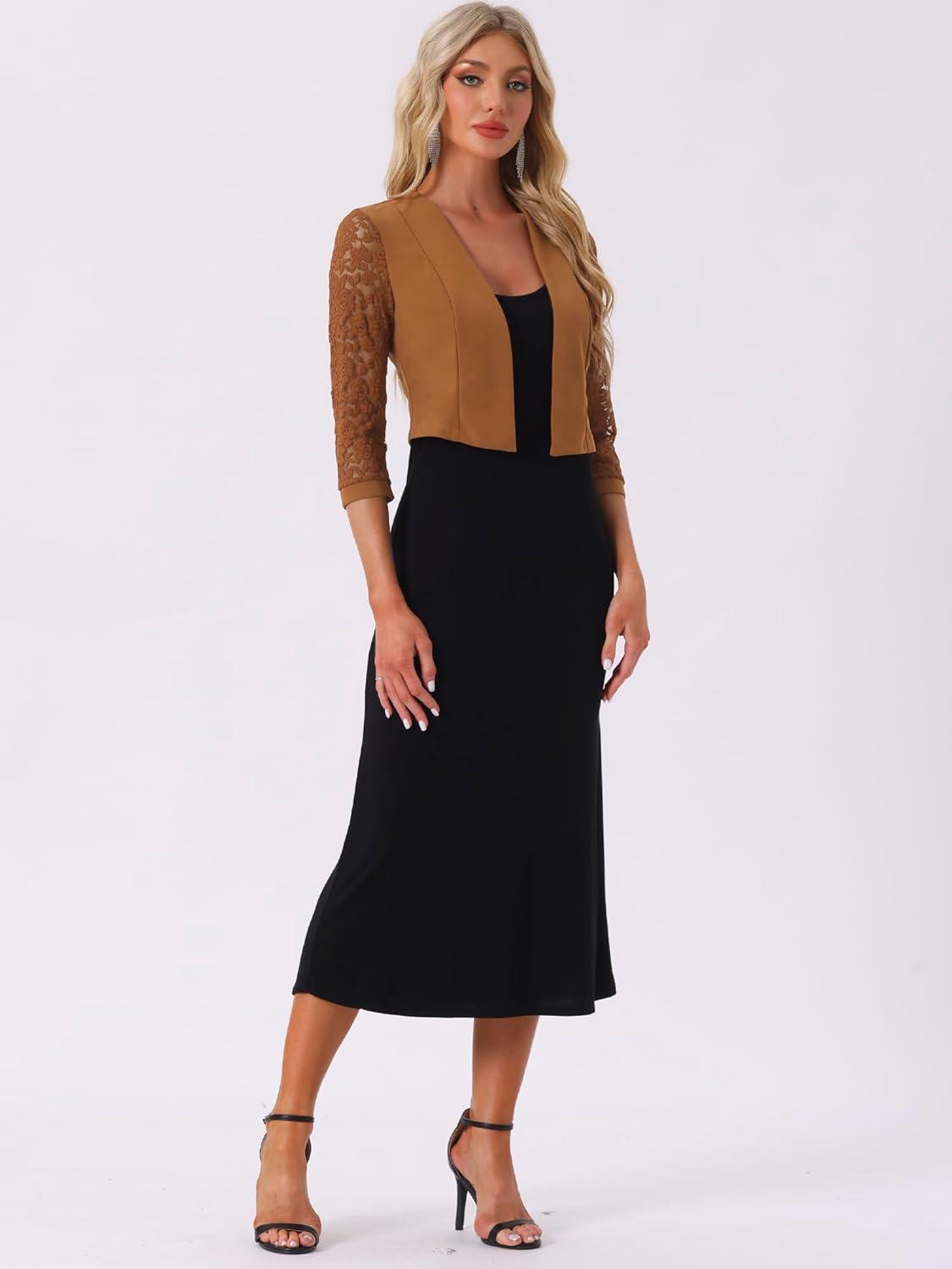 imageAllegra K Lace Shrug for Women 34 Sleeve Open Front Work Office Cropped Sheer Cardigan Formal Bolero JacketsBrown