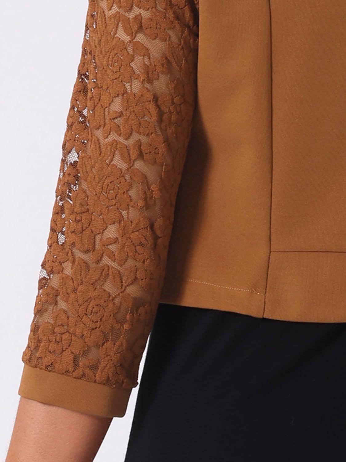 imageAllegra K Lace Shrug for Women 34 Sleeve Open Front Work Office Cropped Sheer Cardigan Formal Bolero JacketsBrown