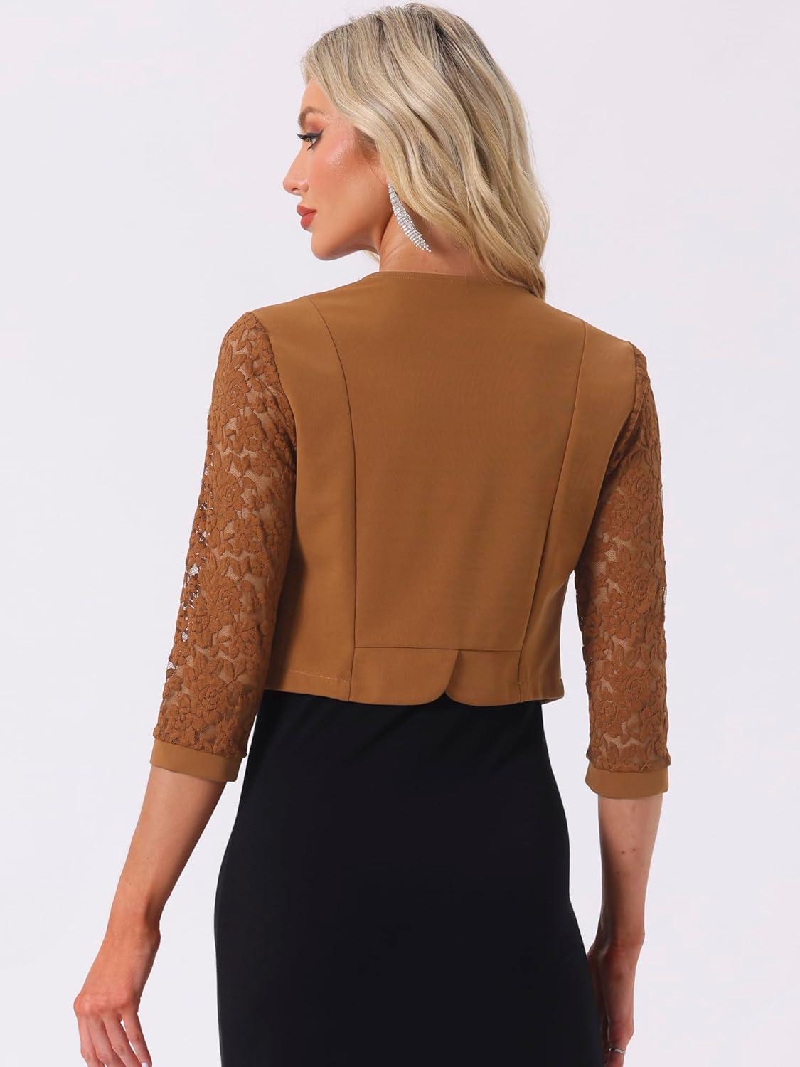 imageAllegra K Lace Shrug for Women 34 Sleeve Open Front Work Office Cropped Sheer Cardigan Formal Bolero JacketsBrown