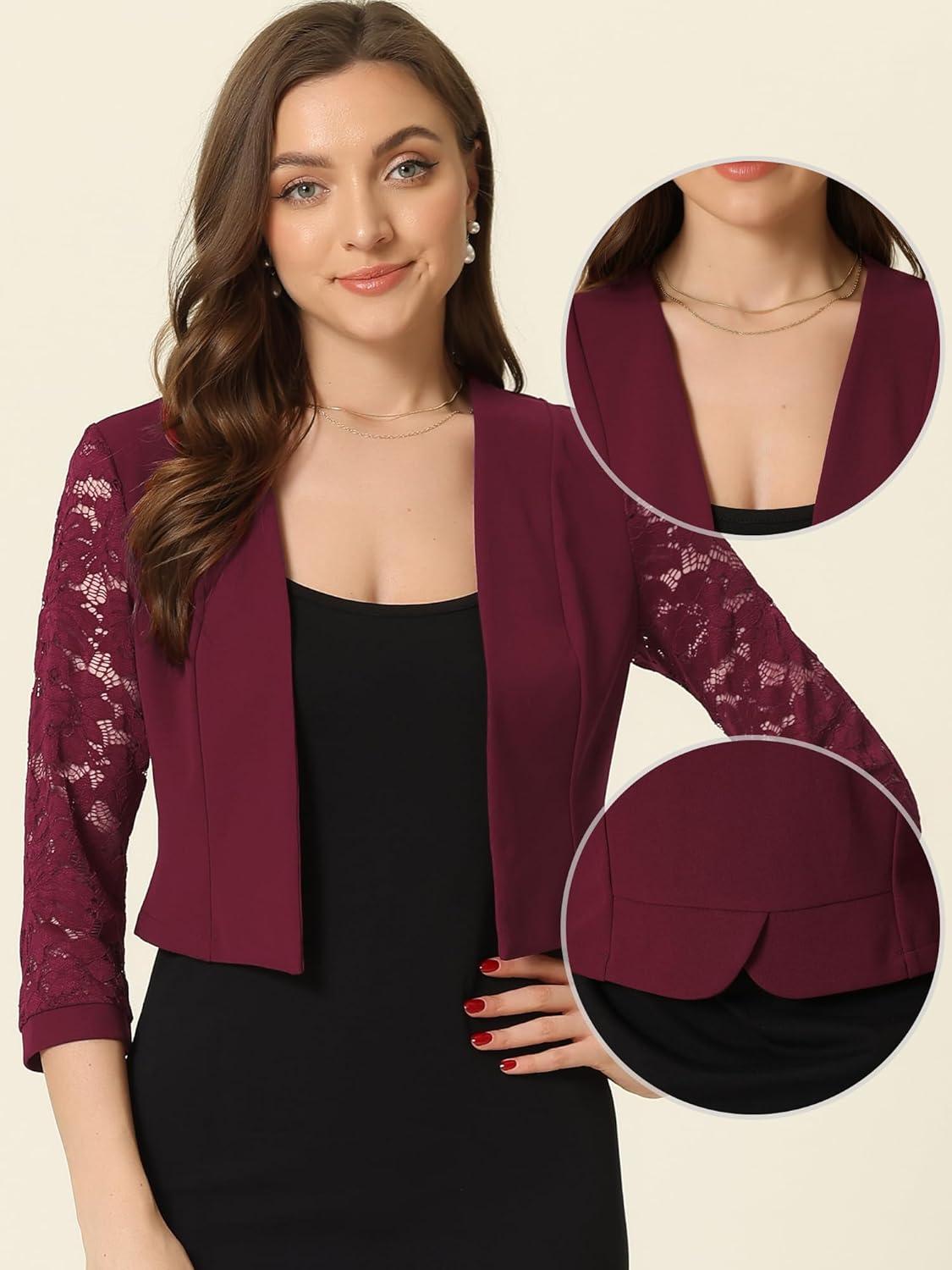 imageAllegra K Lace Shrug for Women 34 Sleeve Open Front Work Office Cropped Sheer Cardigan Formal Bolero JacketsBurgundy
