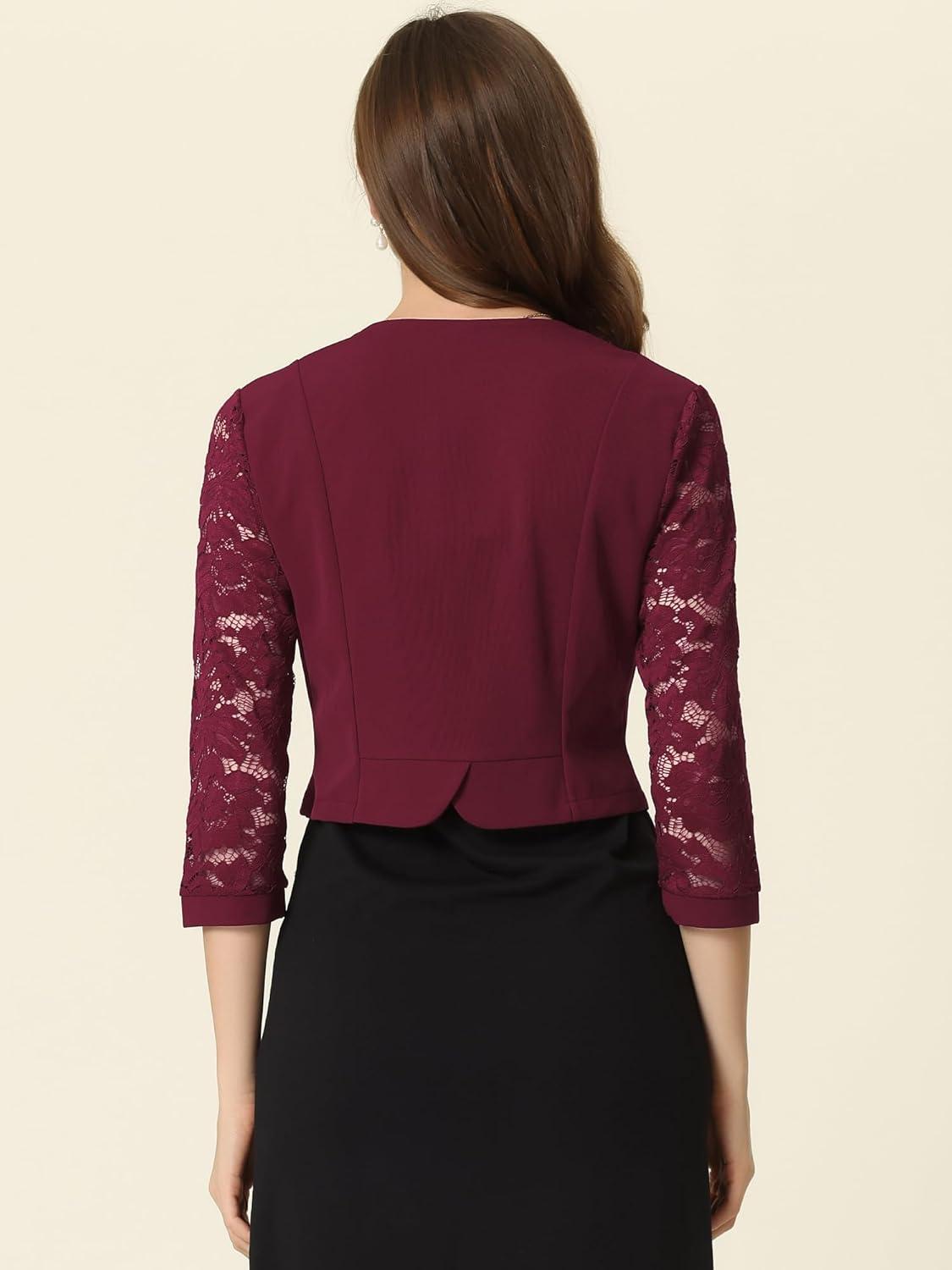 imageAllegra K Lace Shrug for Women 34 Sleeve Open Front Work Office Cropped Sheer Cardigan Formal Bolero JacketsBurgundy