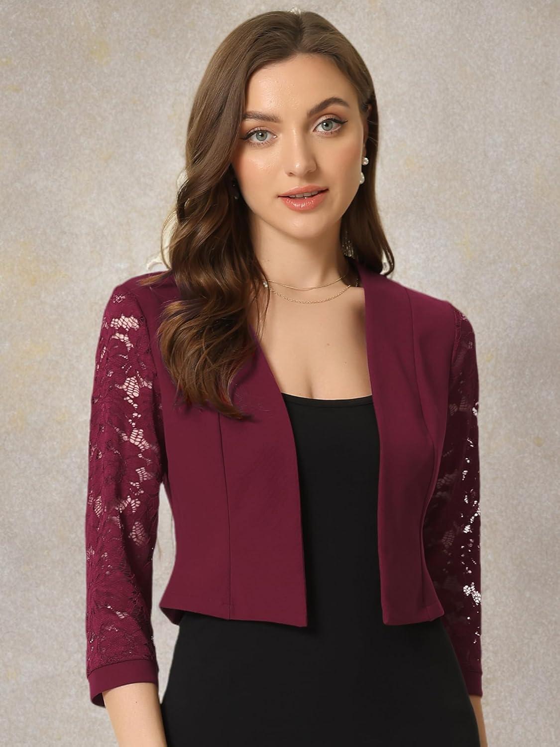 imageAllegra K Lace Shrug for Women 34 Sleeve Open Front Work Office Cropped Sheer Cardigan Formal Bolero JacketsBurgundy