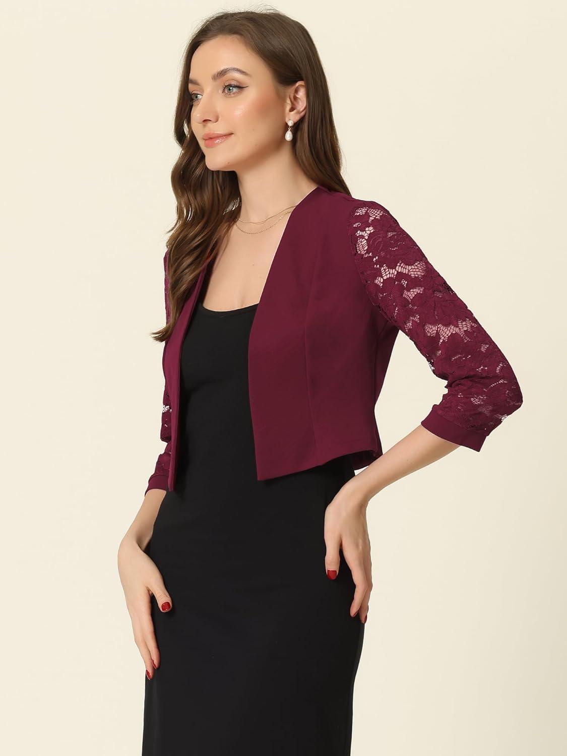 imageAllegra K Lace Shrug for Women 34 Sleeve Open Front Work Office Cropped Sheer Cardigan Formal Bolero JacketsBurgundy