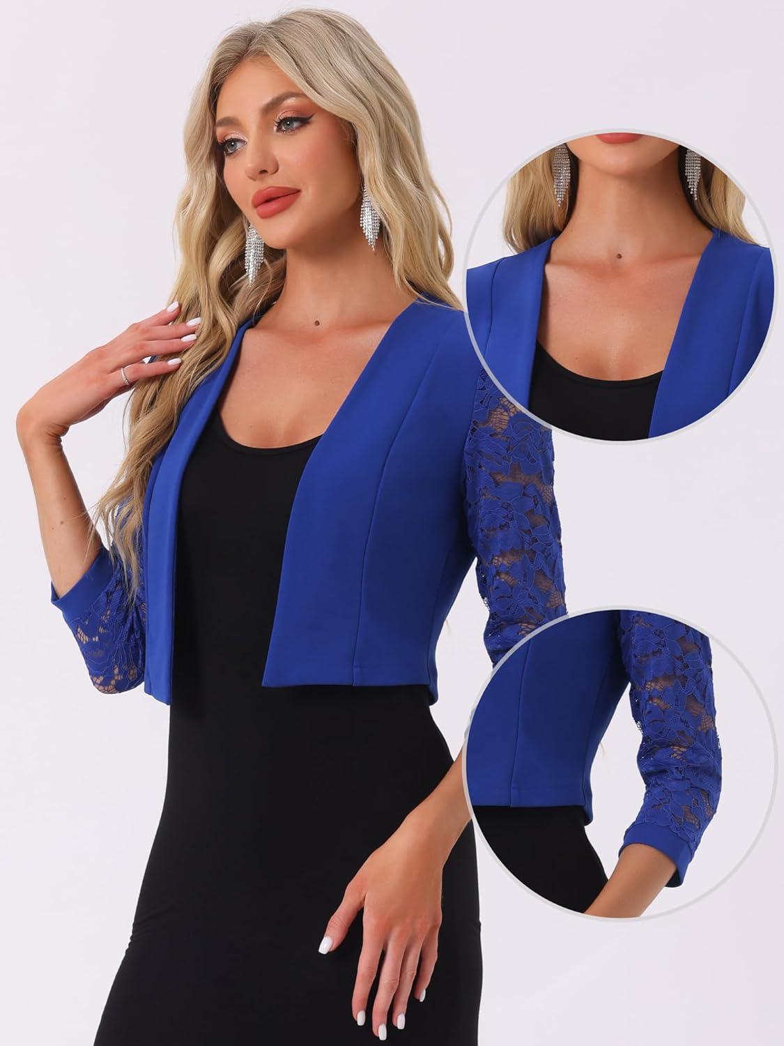 imageAllegra K Lace Shrug for Women 34 Sleeve Open Front Work Office Cropped Sheer Cardigan Formal Bolero JacketsRoyal Blue