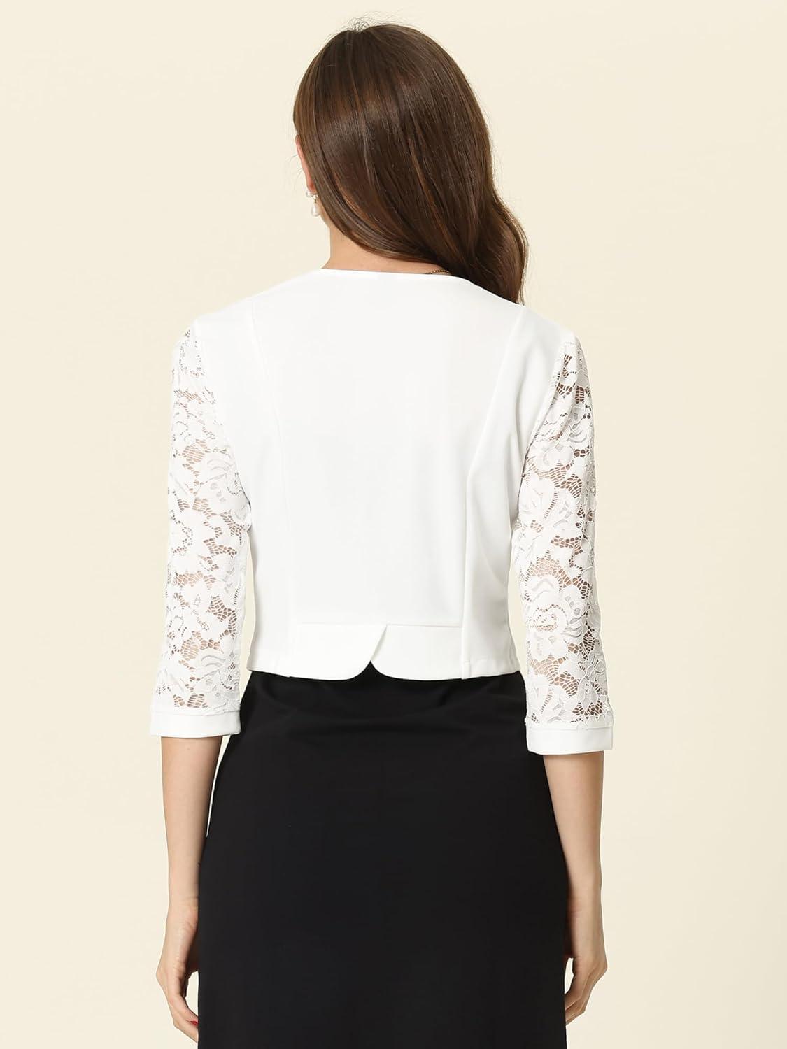 imageAllegra K Lace Shrug for Women 34 Sleeve Open Front Work Office Cropped Sheer Cardigan Formal Bolero JacketsWhite