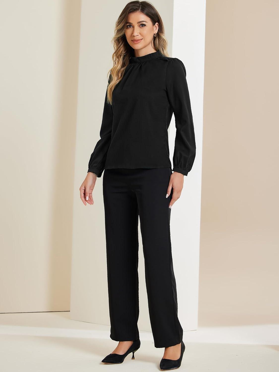 imageAllegra K Long Sleeve Work Tops for Womens Mock Neck Business Casual Blouses ShirtsBlack