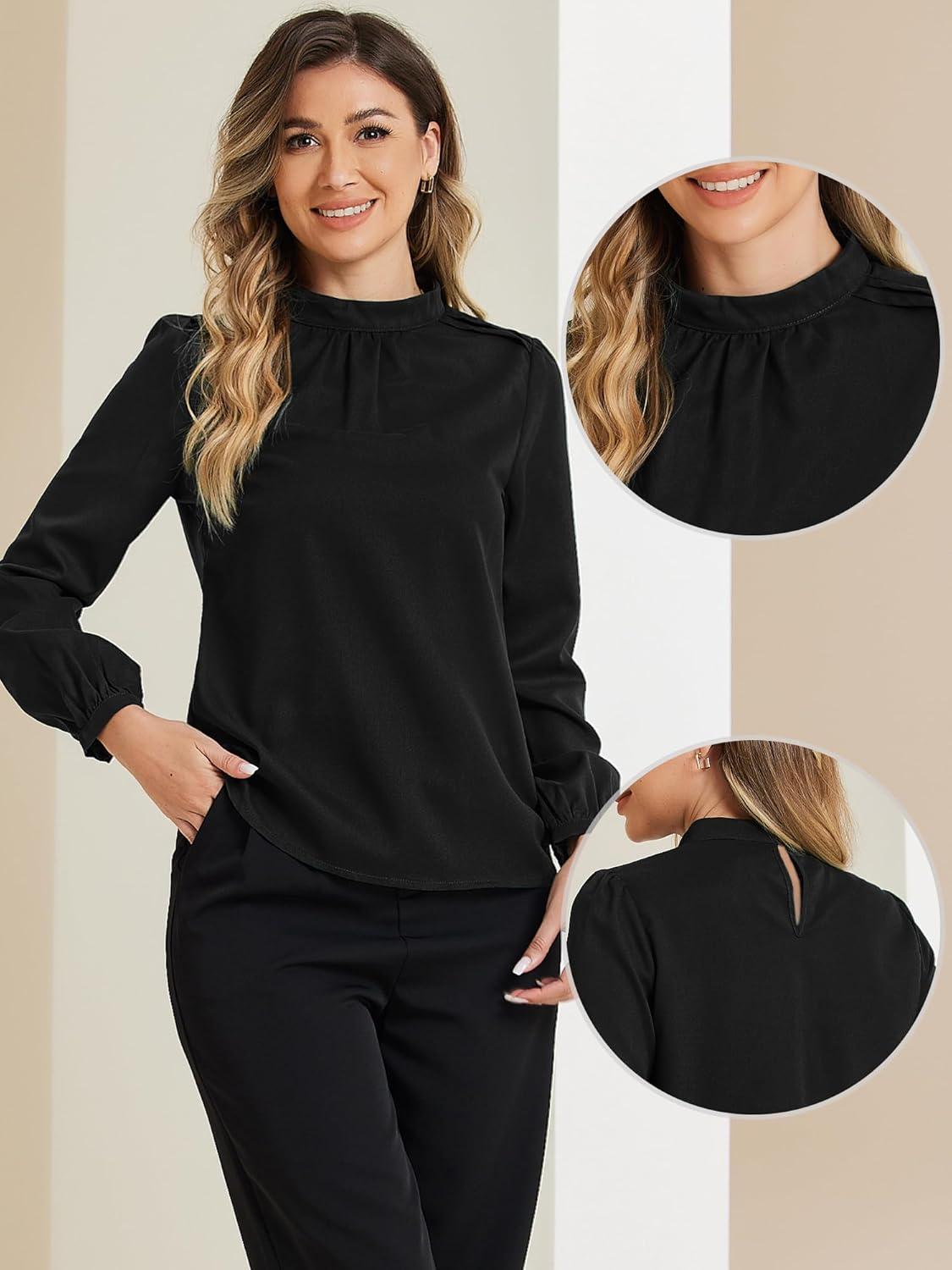 imageAllegra K Long Sleeve Work Tops for Womens Mock Neck Business Casual Blouses ShirtsBlack