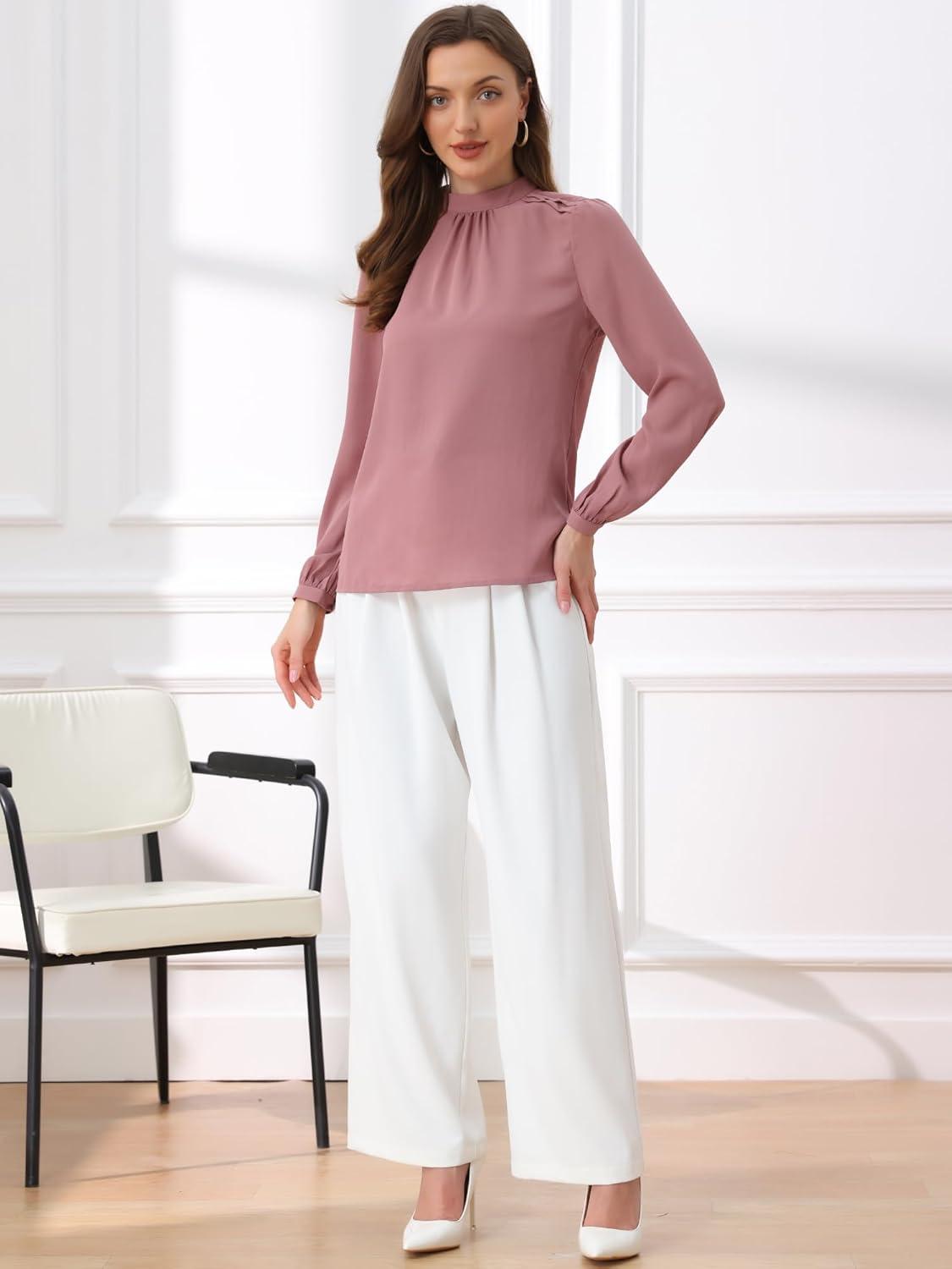 imageAllegra K Long Sleeve Work Tops for Womens Mock Neck Business Casual Blouses ShirtsGray Pink