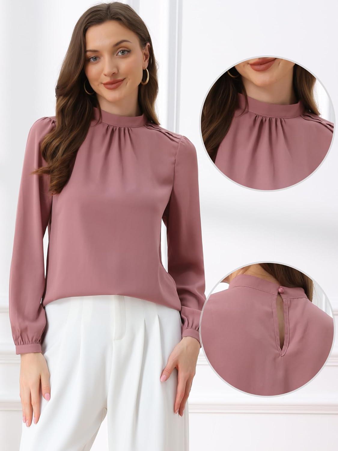 imageAllegra K Long Sleeve Work Tops for Womens Mock Neck Business Casual Blouses ShirtsGray Pink