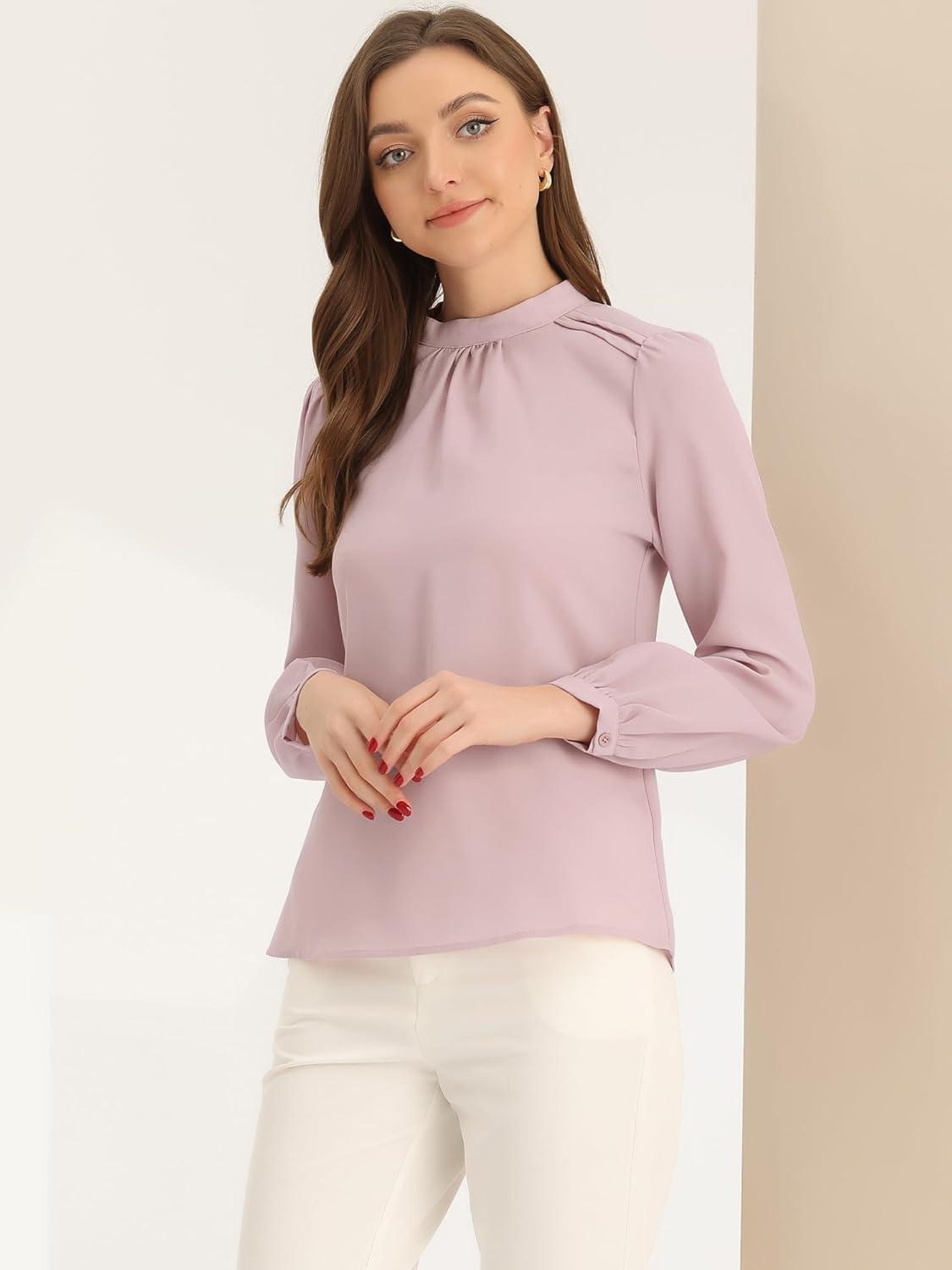 imageAllegra K Long Sleeve Work Tops for Womens Mock Neck Business Casual Blouses ShirtsPink