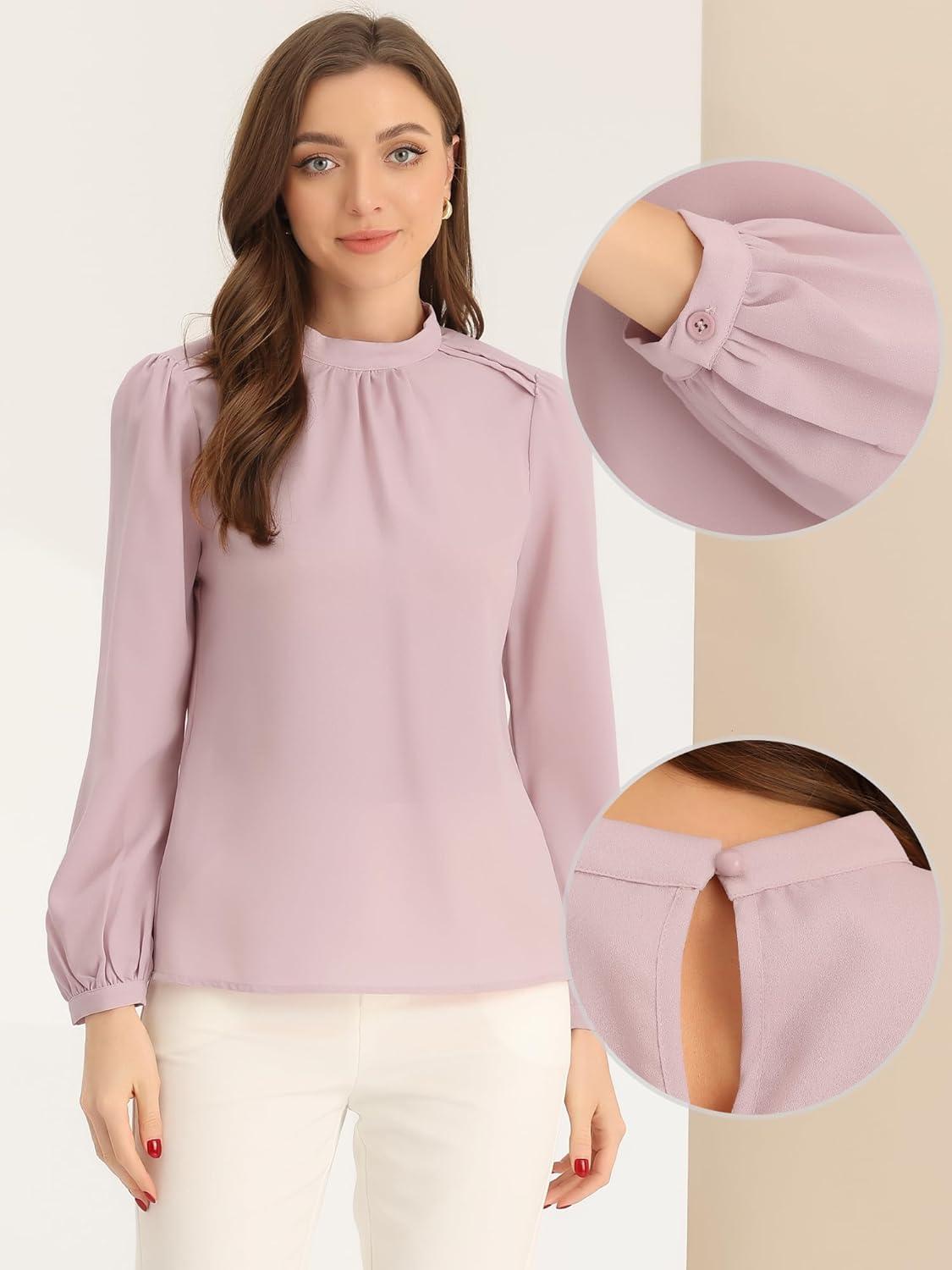 imageAllegra K Long Sleeve Work Tops for Womens Mock Neck Business Casual Blouses ShirtsPink