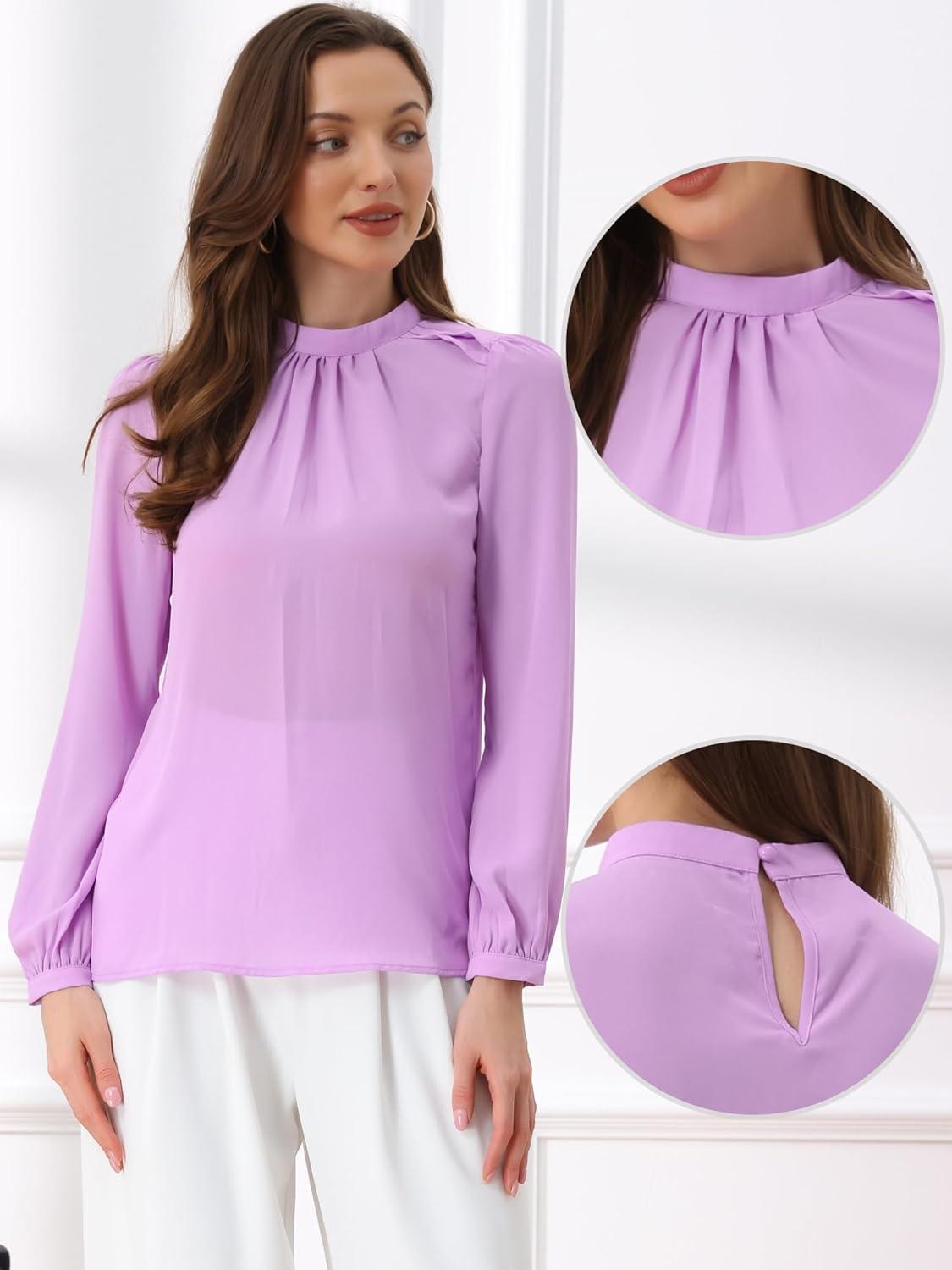 imageAllegra K Long Sleeve Work Tops for Womens Mock Neck Business Casual Blouses ShirtsPurple