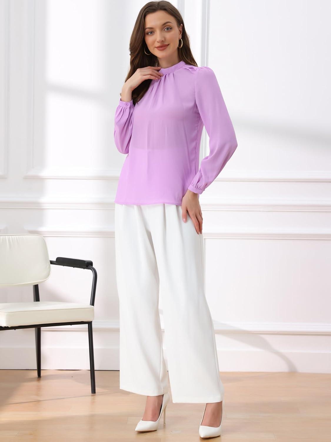 imageAllegra K Long Sleeve Work Tops for Womens Mock Neck Business Casual Blouses ShirtsPurple