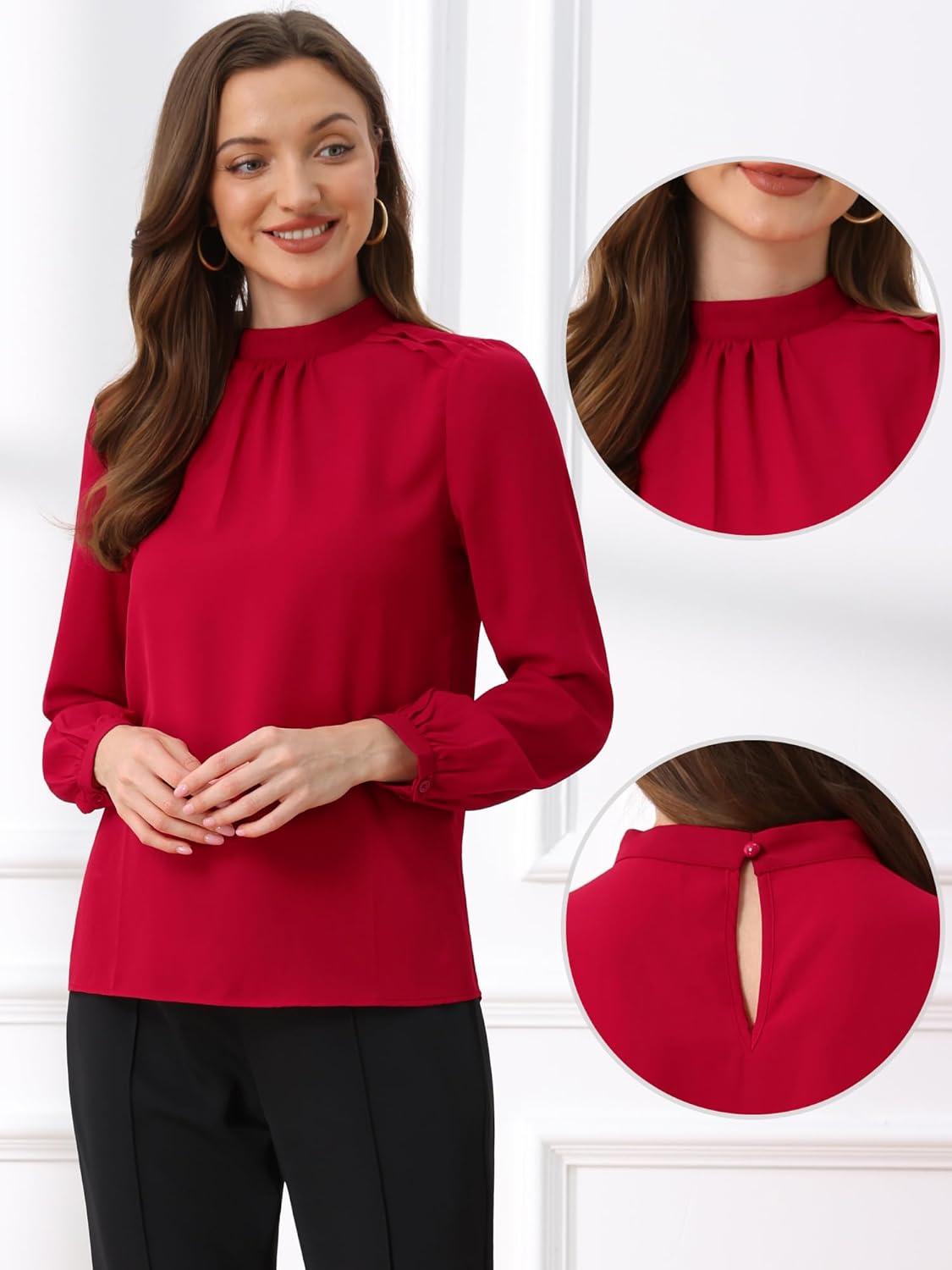 imageAllegra K Long Sleeve Work Tops for Womens Mock Neck Business Casual Blouses ShirtsRed