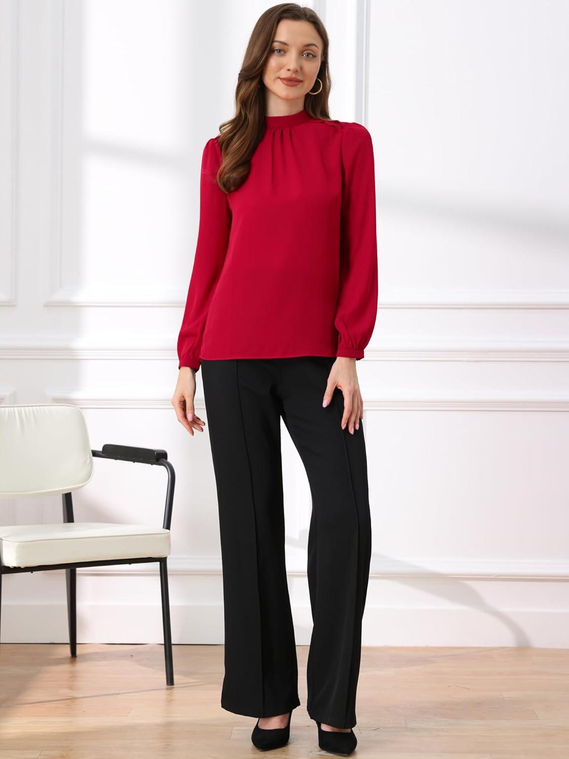 imageAllegra K Long Sleeve Work Tops for Womens Mock Neck Business Casual Blouses ShirtsRed