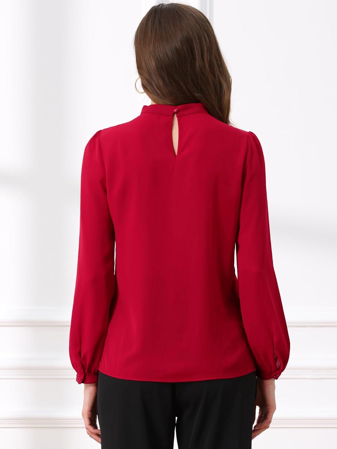imageAllegra K Long Sleeve Work Tops for Womens Mock Neck Business Casual Blouses ShirtsRed