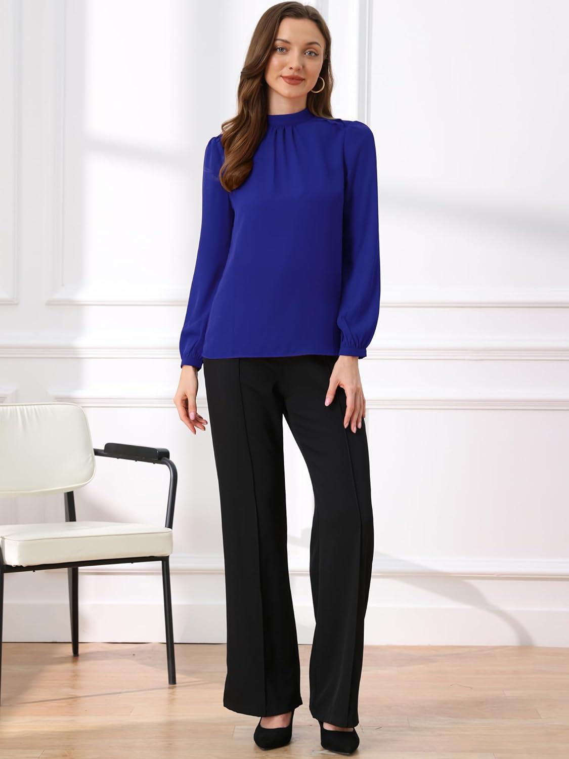 imageAllegra K Long Sleeve Work Tops for Womens Mock Neck Business Casual Blouses ShirtsRoyal Blue