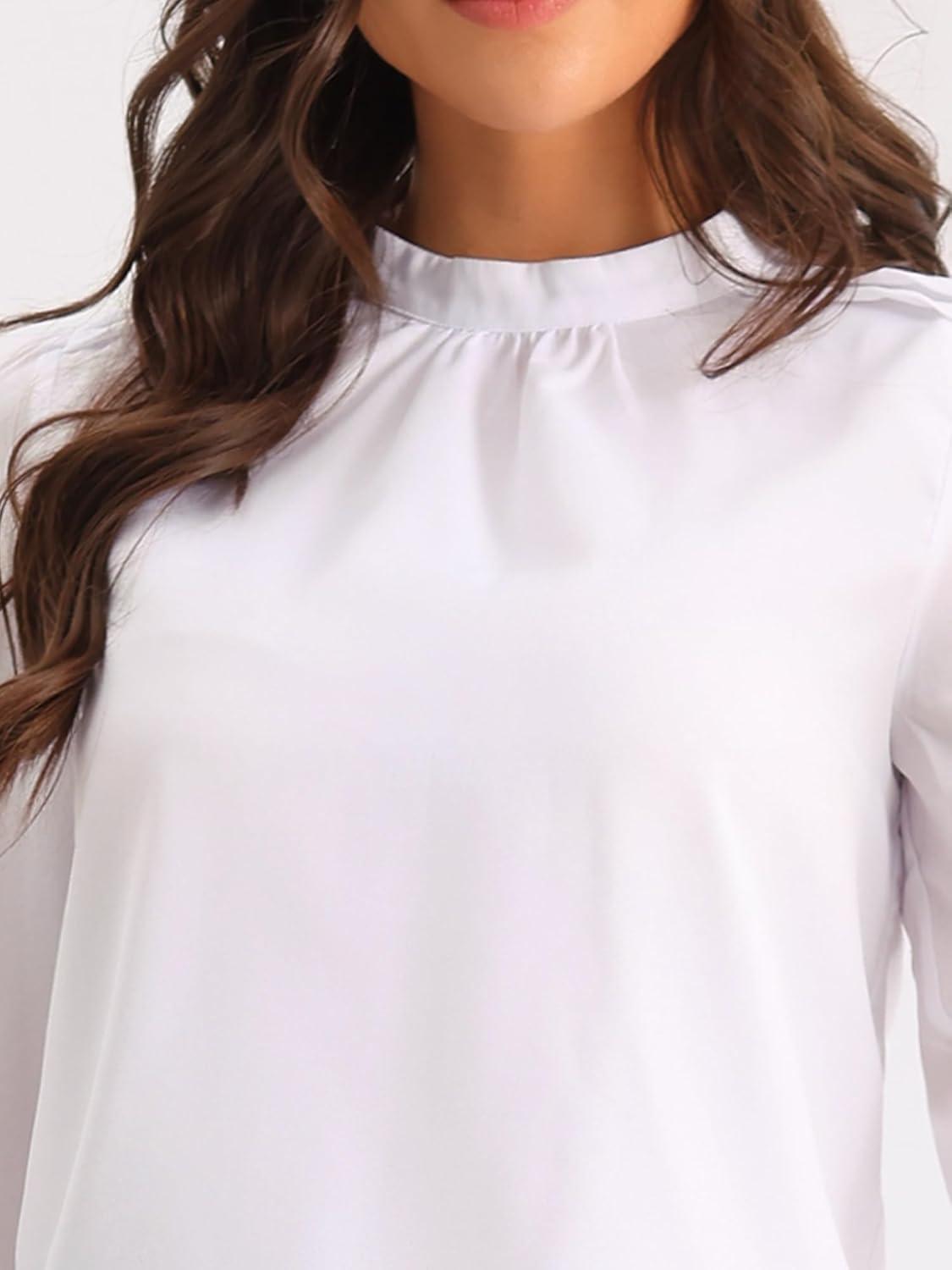 imageAllegra K Long Sleeve Work Tops for Womens Mock Neck Business Casual Blouses ShirtsWhite