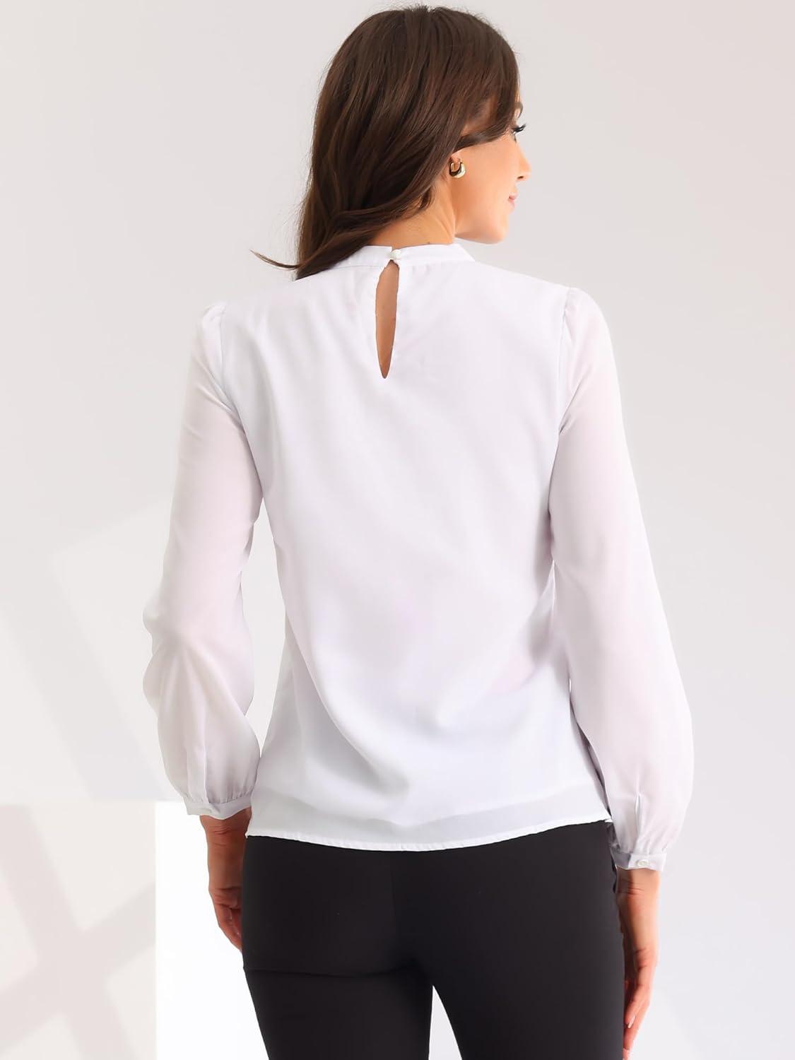 imageAllegra K Long Sleeve Work Tops for Womens Mock Neck Business Casual Blouses ShirtsWhite