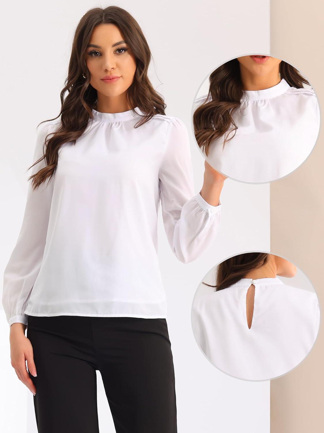 imageAllegra K Long Sleeve Work Tops for Womens Mock Neck Business Casual Blouses ShirtsWhite