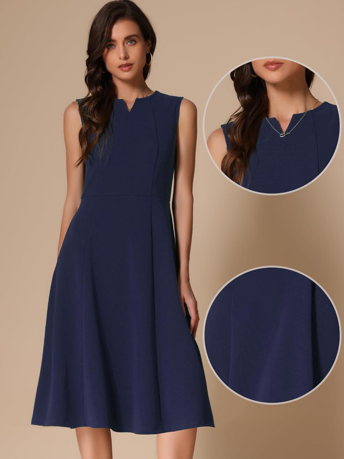 imageAllegra K Notch V Neck Dresses for Womens Elegant Work Office ALine Dress with PocketsDark Blue