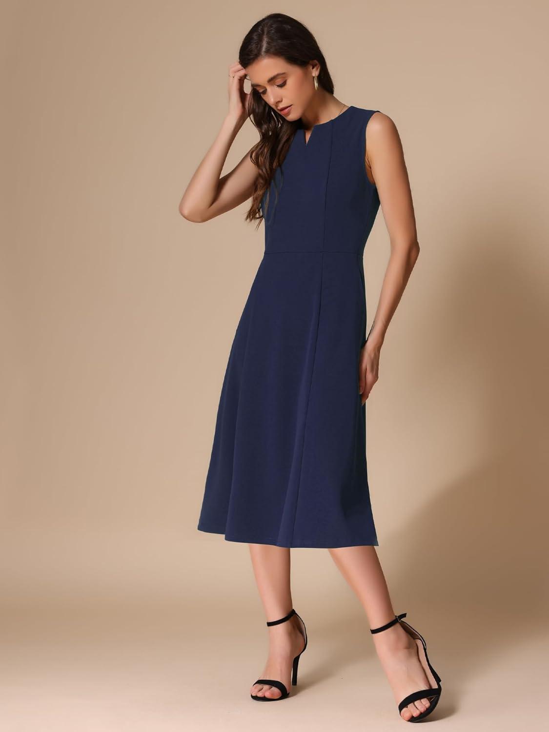 imageAllegra K Notch V Neck Dresses for Womens Elegant Work Office ALine Dress with PocketsDark Blue