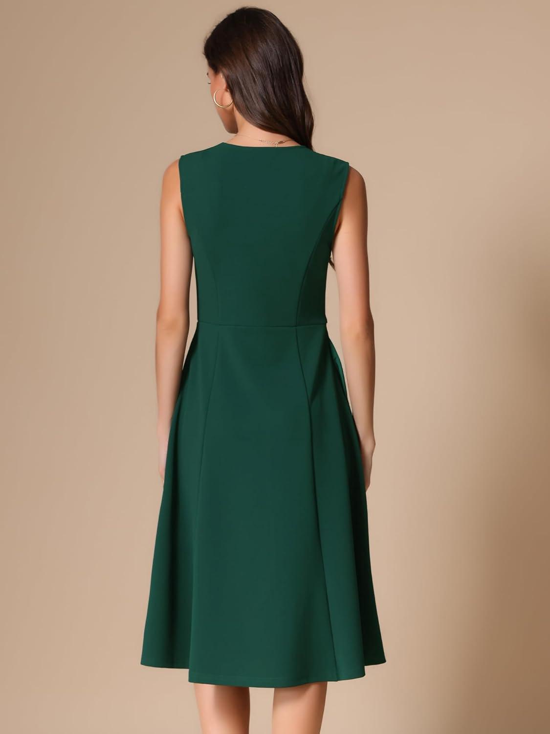 imageAllegra K Notch V Neck Dresses for Womens Elegant Work Office ALine Dress with PocketsDark Green