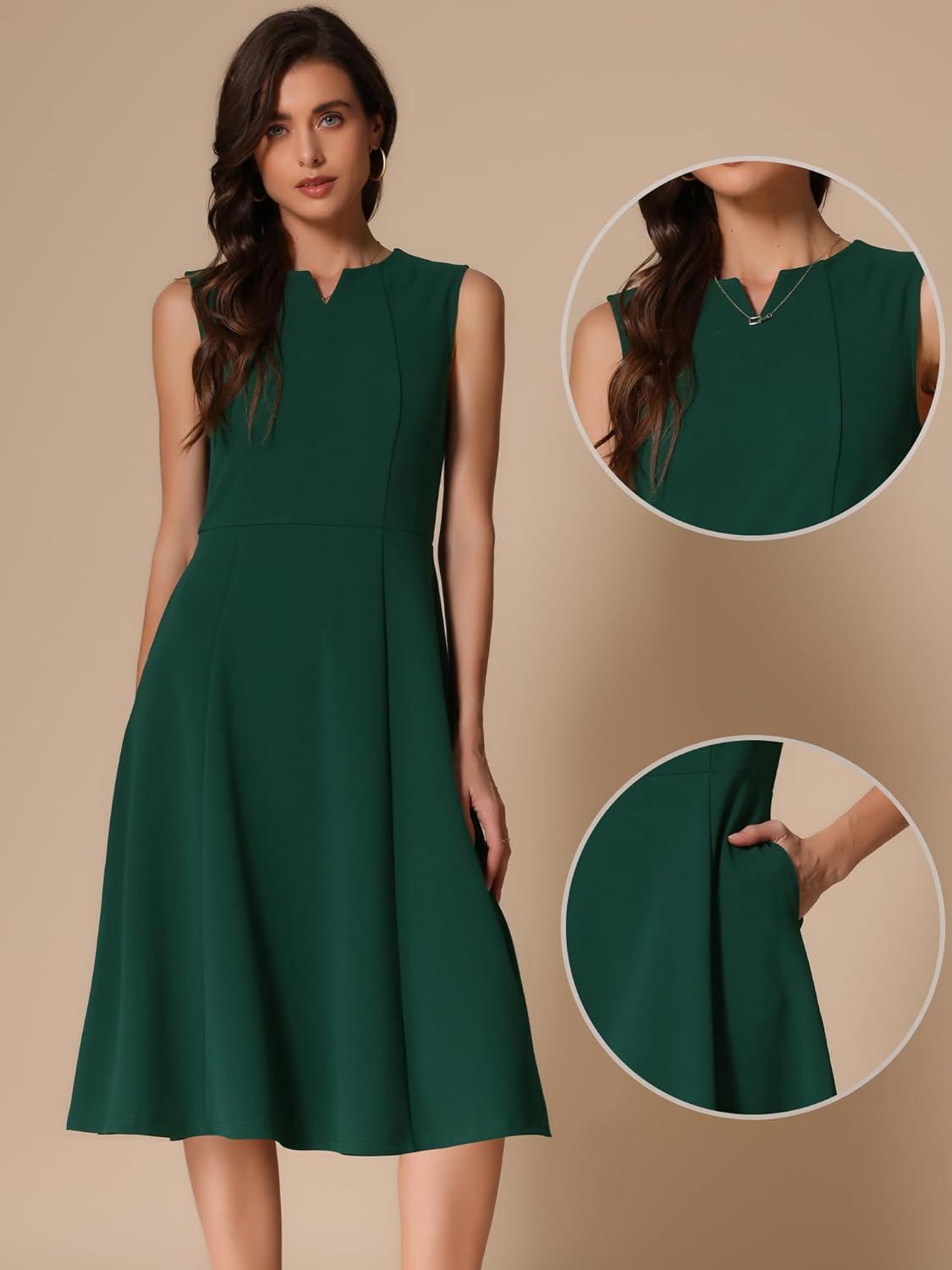 imageAllegra K Notch V Neck Dresses for Womens Elegant Work Office ALine Dress with PocketsDark Green