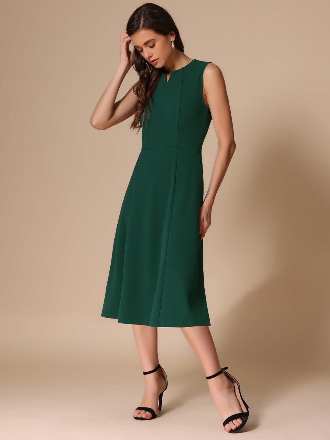 imageAllegra K Notch V Neck Dresses for Womens Elegant Work Office ALine Dress with PocketsDark Green