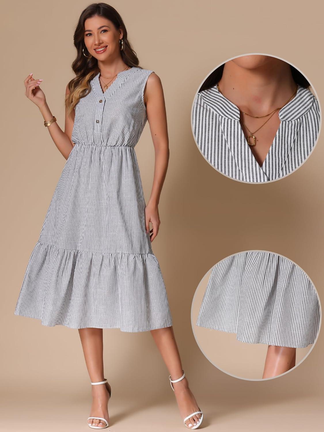 imageAllegra K Striped Shirt Dresses for Womens Sleeveless Work V Neck Ruffleed Midi DressBlack