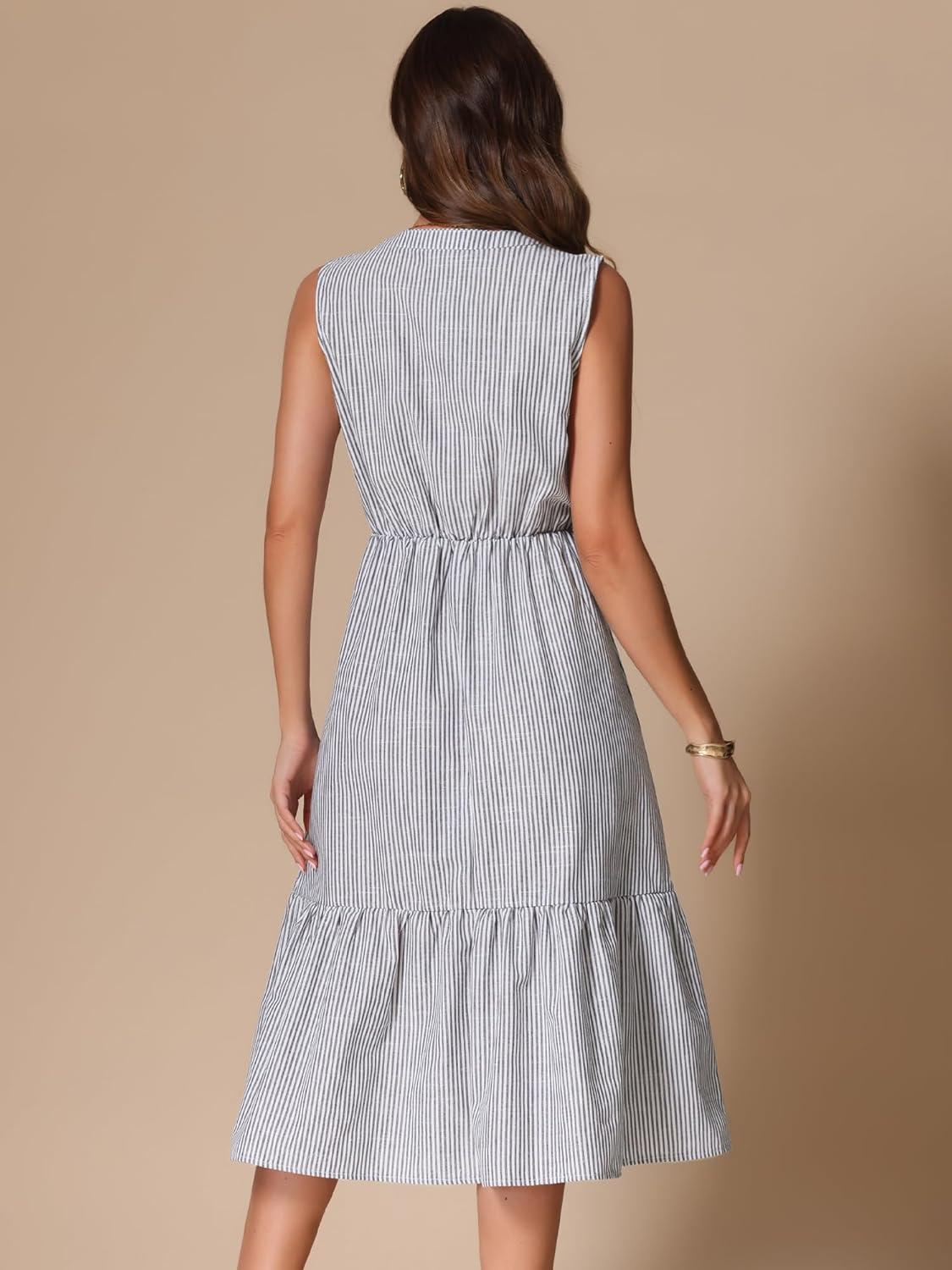 imageAllegra K Striped Shirt Dresses for Womens Sleeveless Work V Neck Ruffleed Midi DressBlack