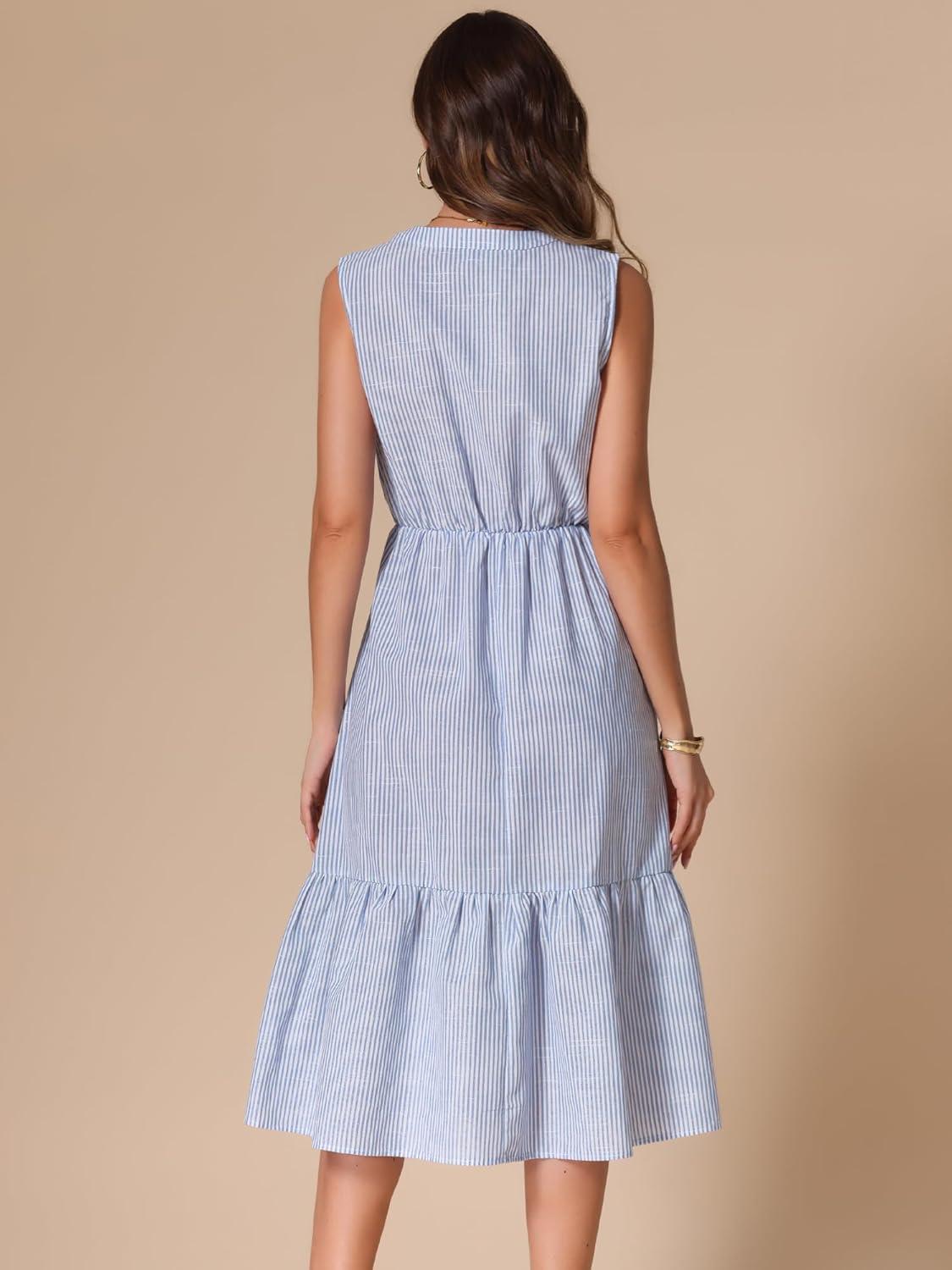 imageAllegra K Striped Shirt Dresses for Womens Sleeveless Work V Neck Ruffleed Midi DressBlue