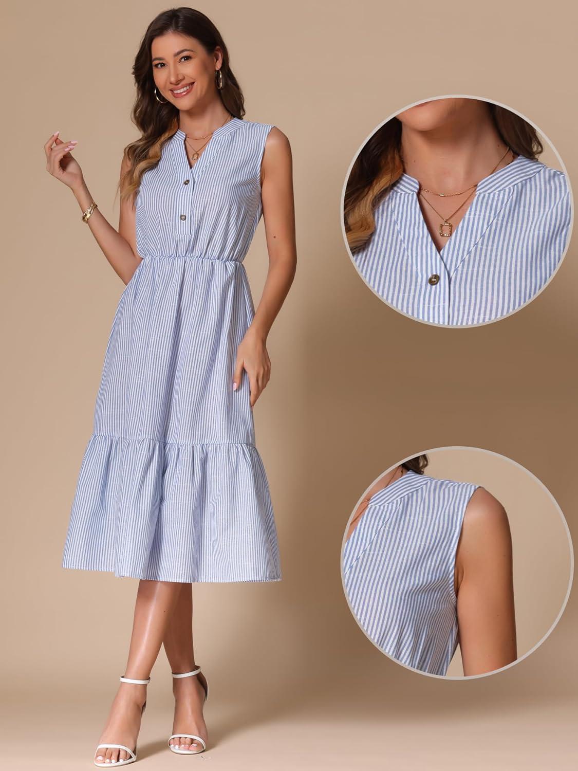 imageAllegra K Striped Shirt Dresses for Womens Sleeveless Work V Neck Ruffleed Midi DressBlue