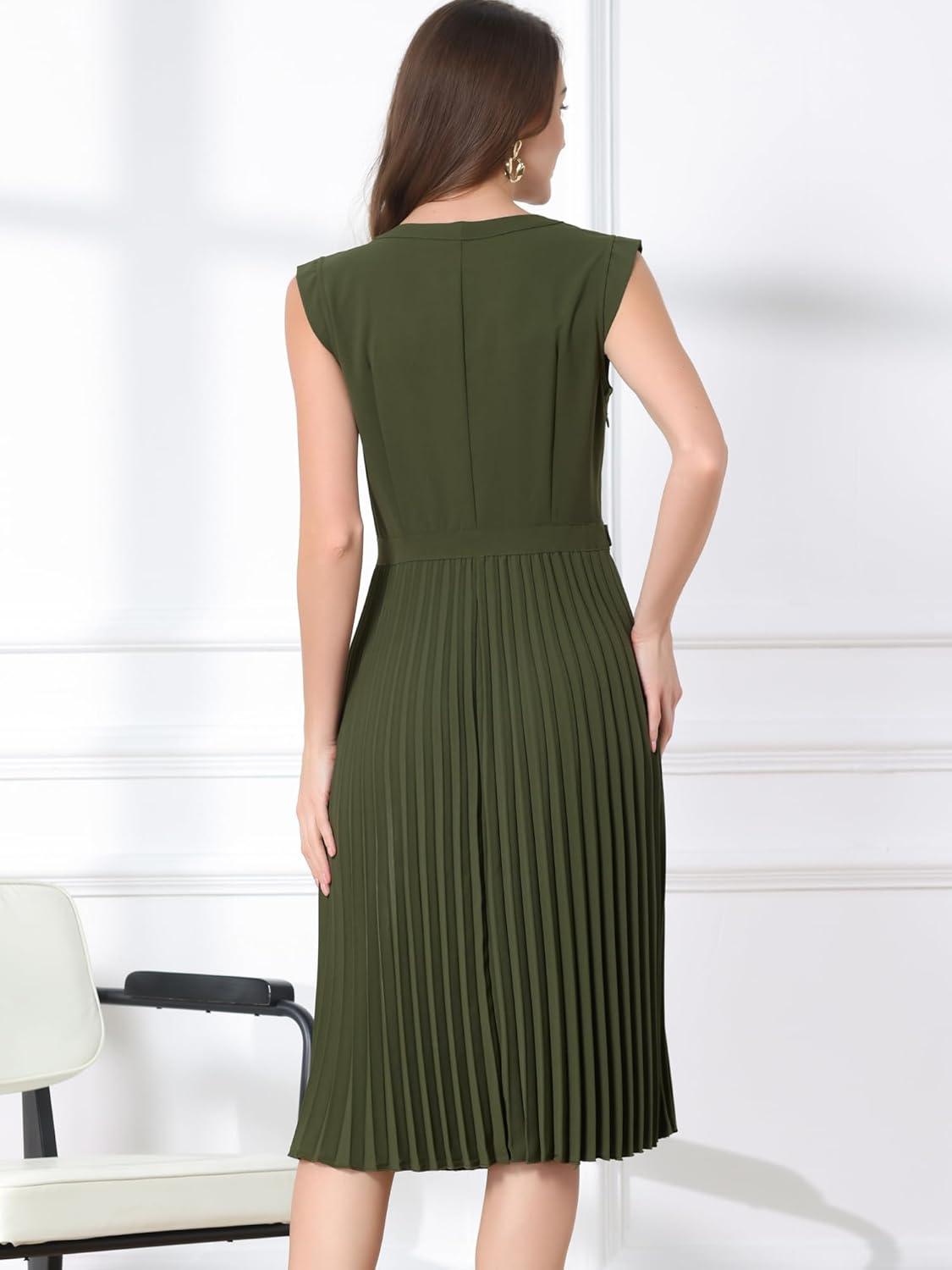 imageAllegra K Summer Dress for Womens 2024 Elegant Sleeveless V Neck ALine Pleated Flowy Midi DressArmy Green