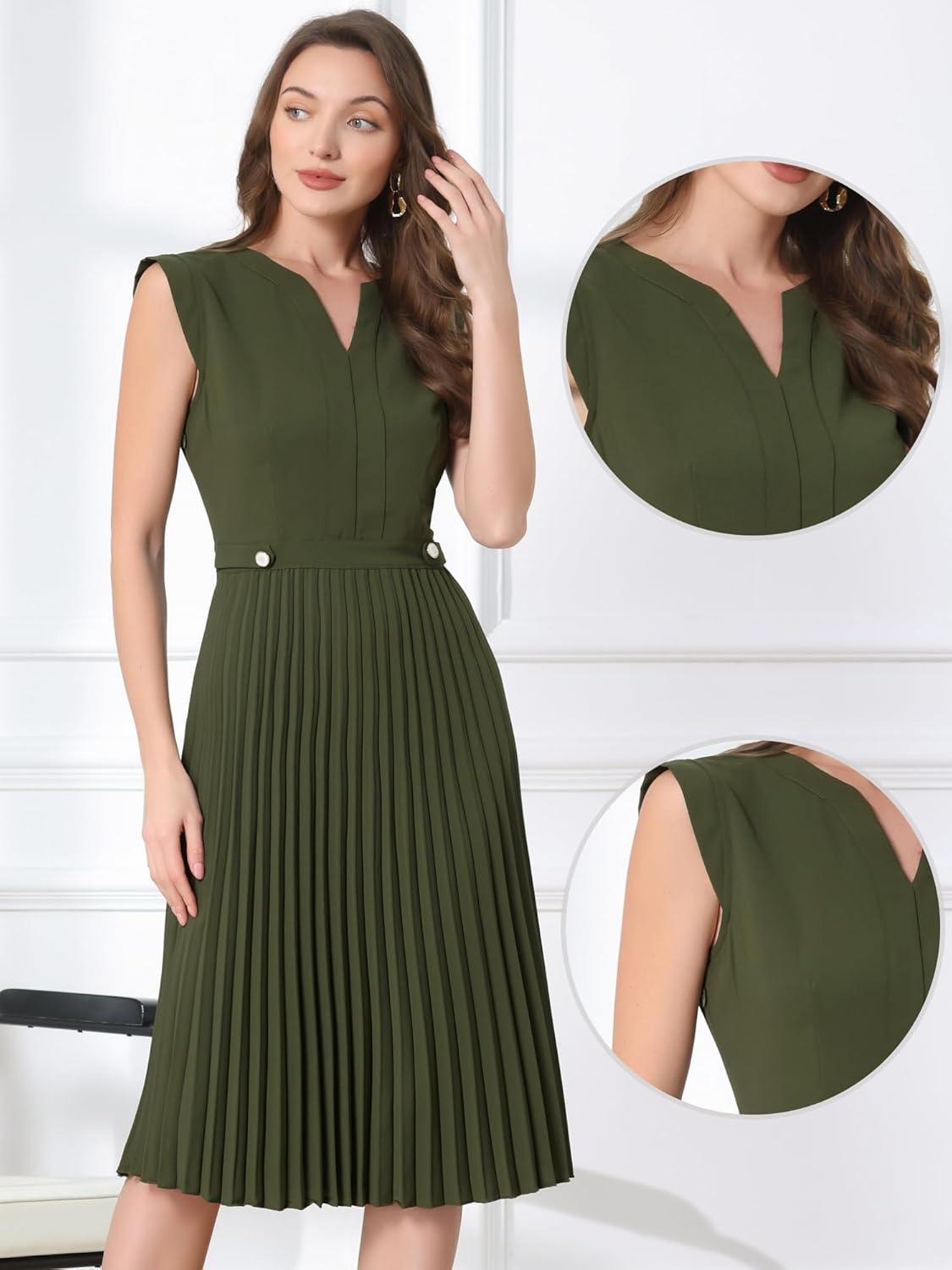 imageAllegra K Summer Dress for Womens 2024 Elegant Sleeveless V Neck ALine Pleated Flowy Midi DressArmy Green
